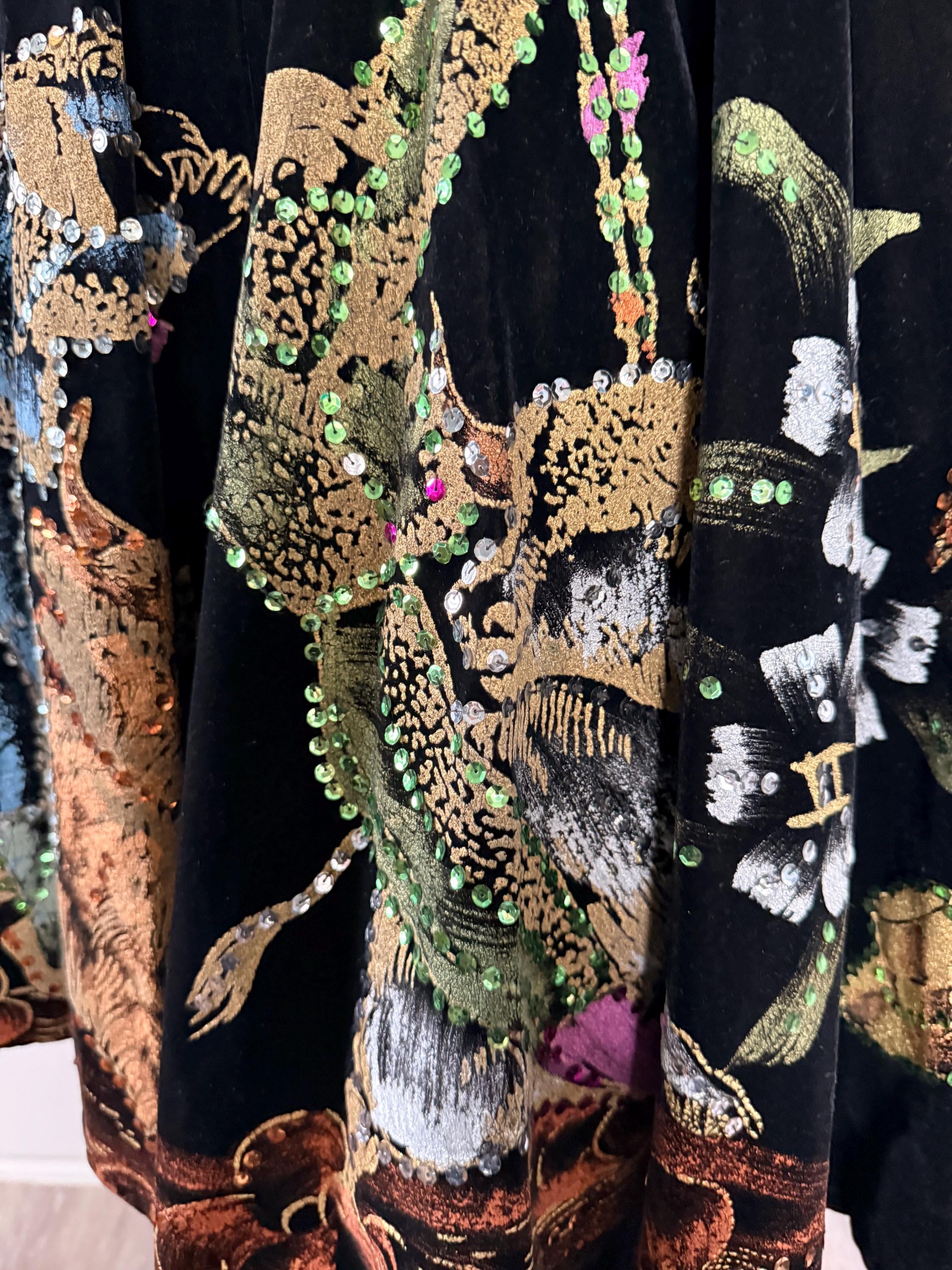 Stunning Bull Fighter 1950's Mexican Black Velvet Sequin Hand Painted Dress Circle Skirt with Top