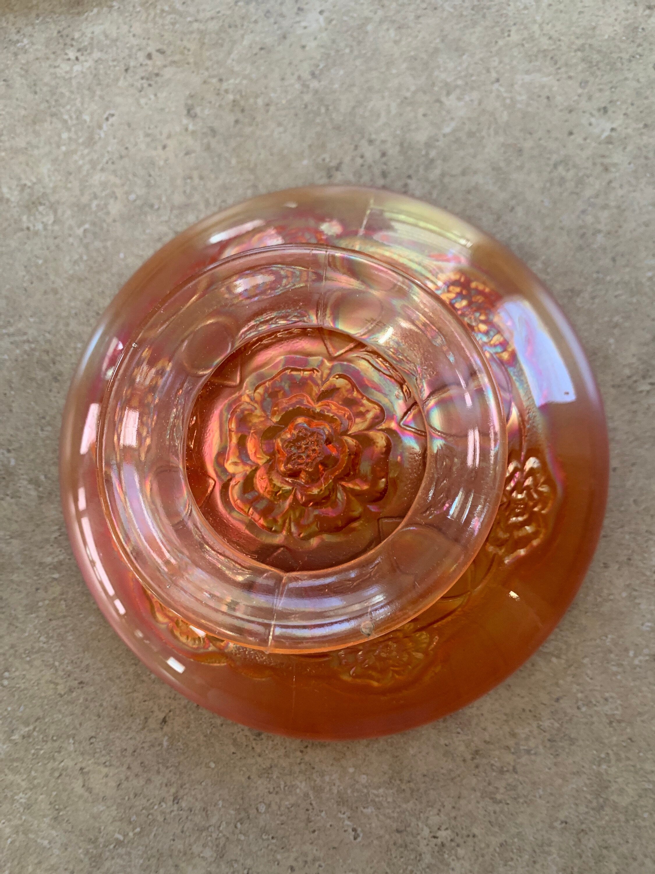Vintage Gold Carnival Glass footed bowl with Poppies