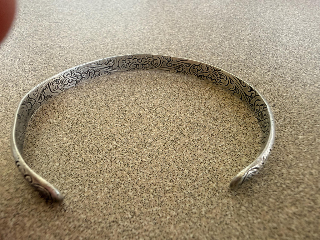 Signed Moti S Native American Made Sterling Silver Cuff Bracelet Floral Design Inside and Out