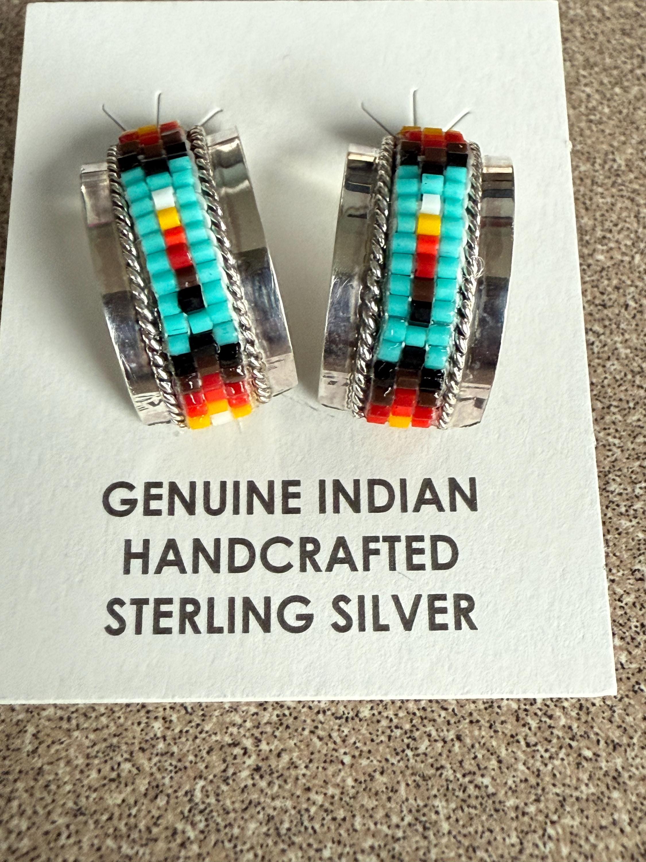 Native American Artist Designed Sterling Silver Turquoise Multi Stone Post Earrings Lucille Romone