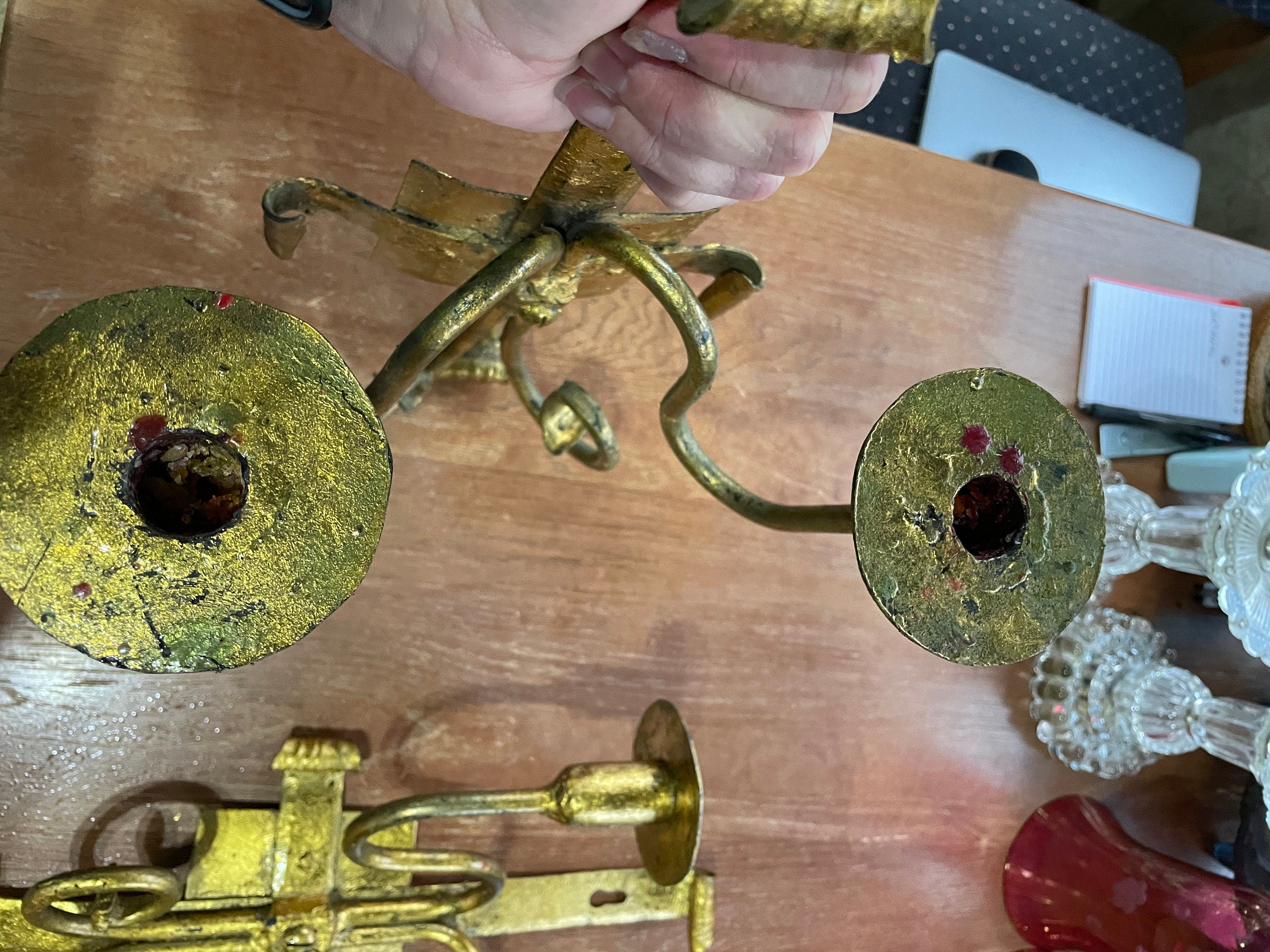 Huge Antique Wrought Iron Gothic Candle Wall Sconces Pair 2 Painted Gold