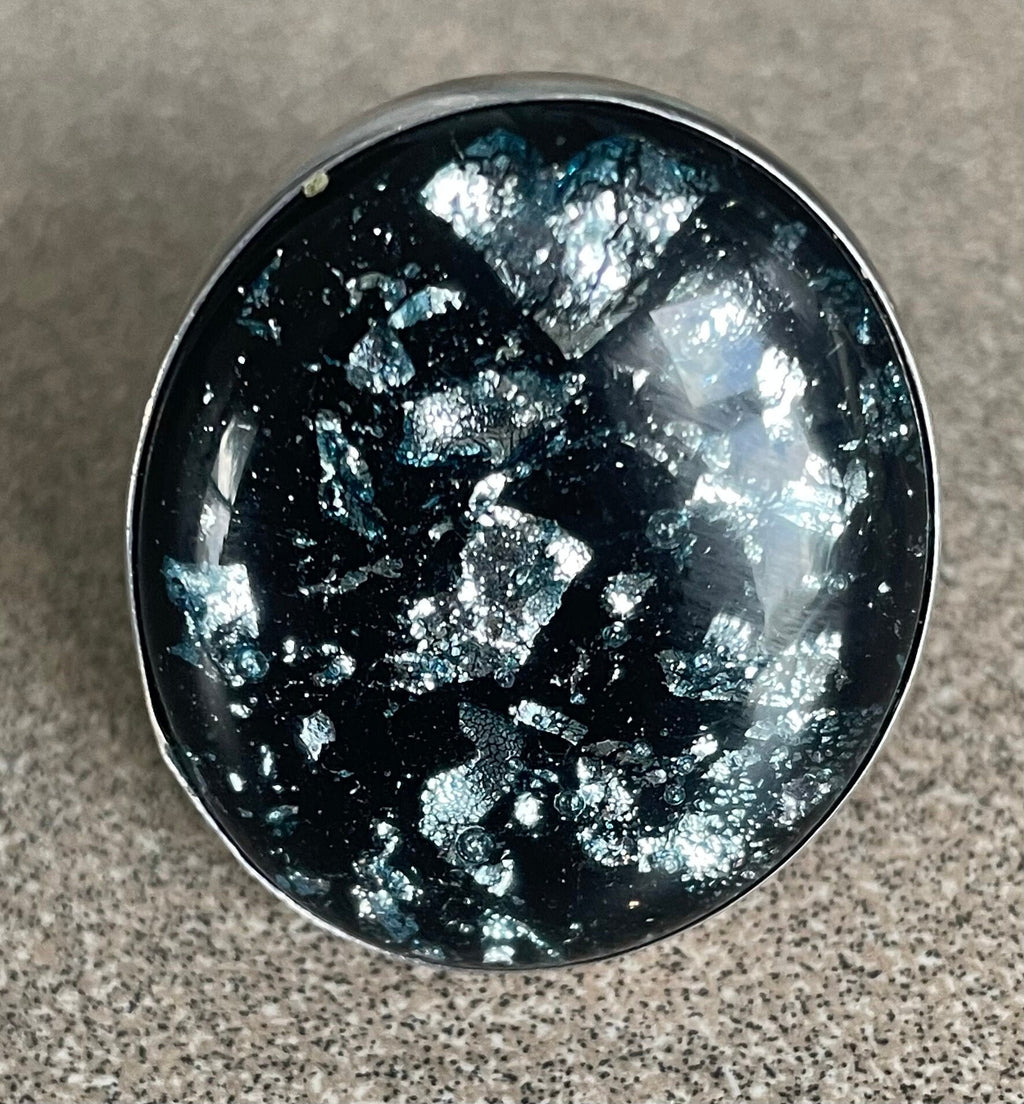 Unique Large Black and Silver Foil Dichoric Glass Jay King Desert Rose Ring Stamped DTR Size 7
