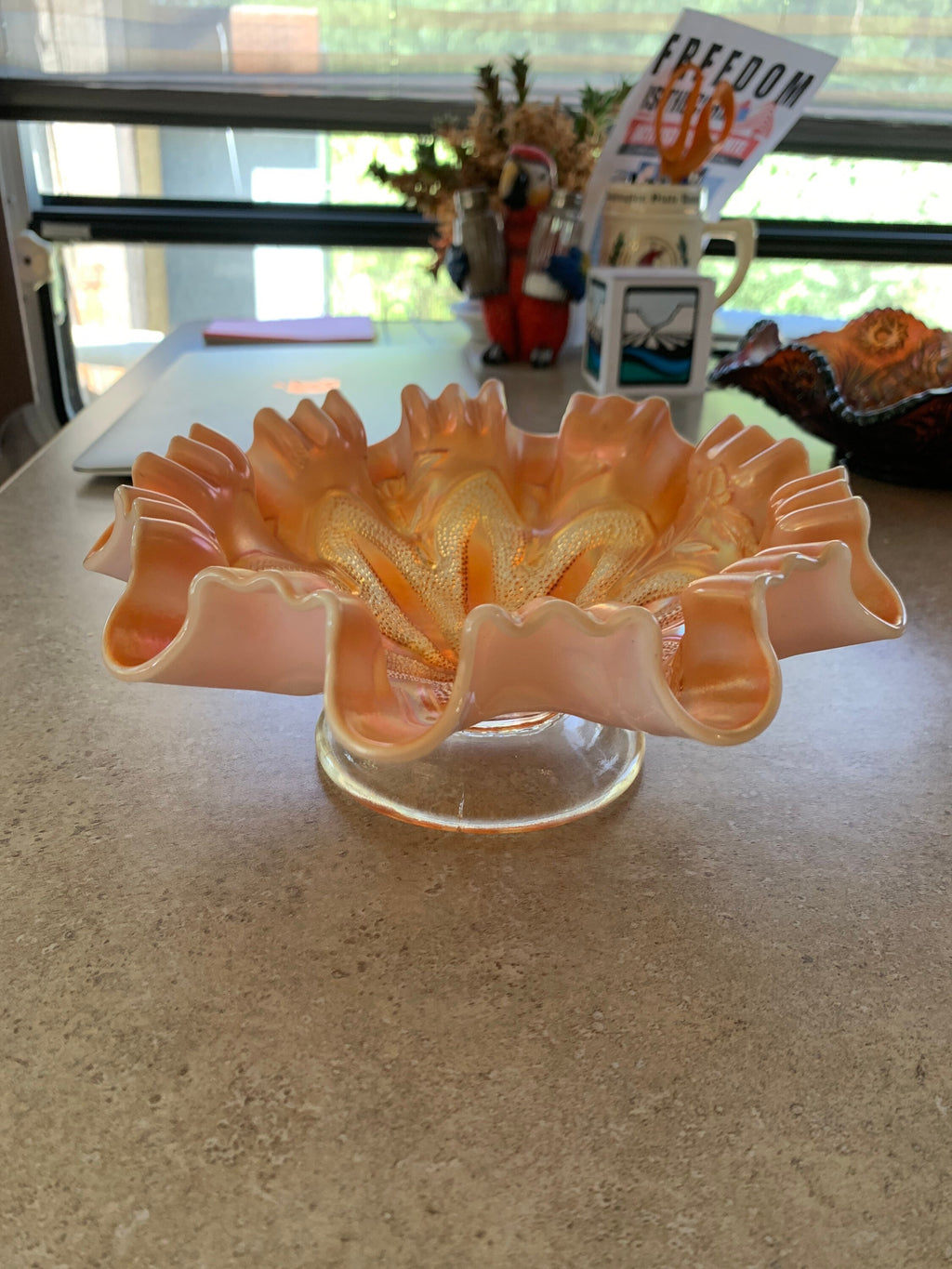 Vintage Dugan Carnival Glass Amber Border Plants pattern Compote Bowl