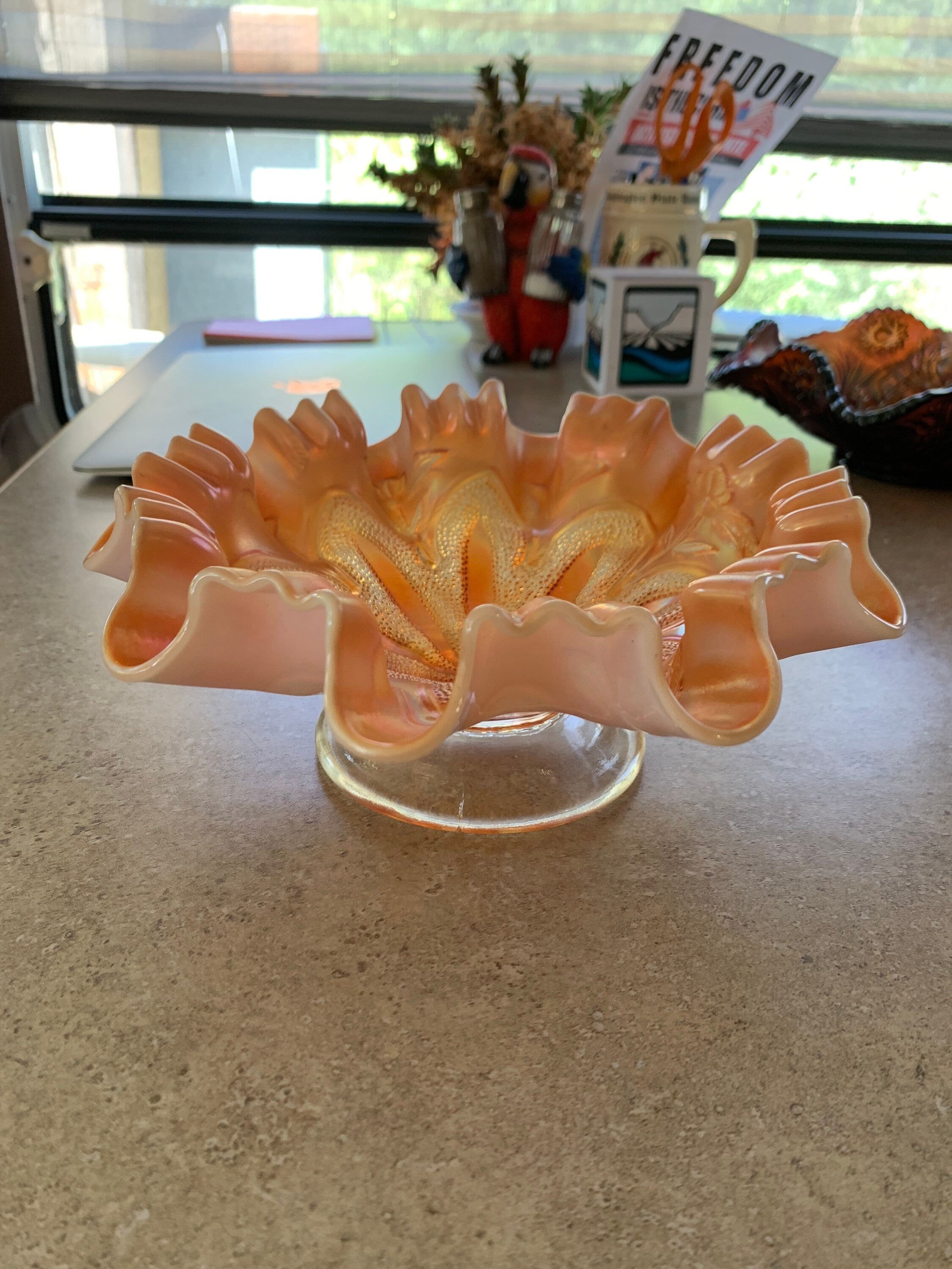 Vintage Dugan Carnival Glass Amber Border Plants pattern Compote Bowl