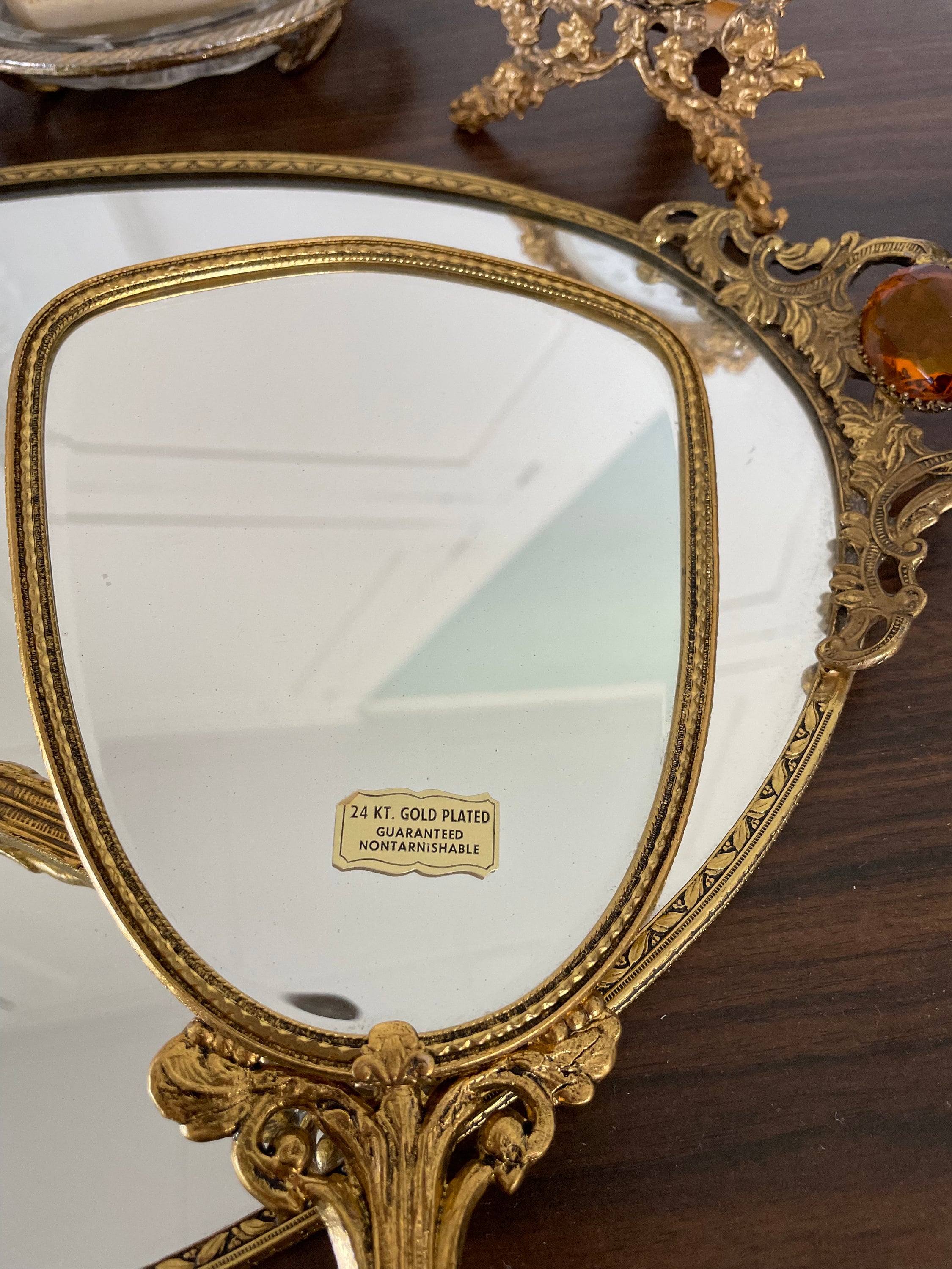 Beautiful Antique Victorian Ormolu Vanity Set Tray Comb Brush Jewelry Box Clock Soap Dish Glass and Holder Amber Rhinestones 8 Pieces