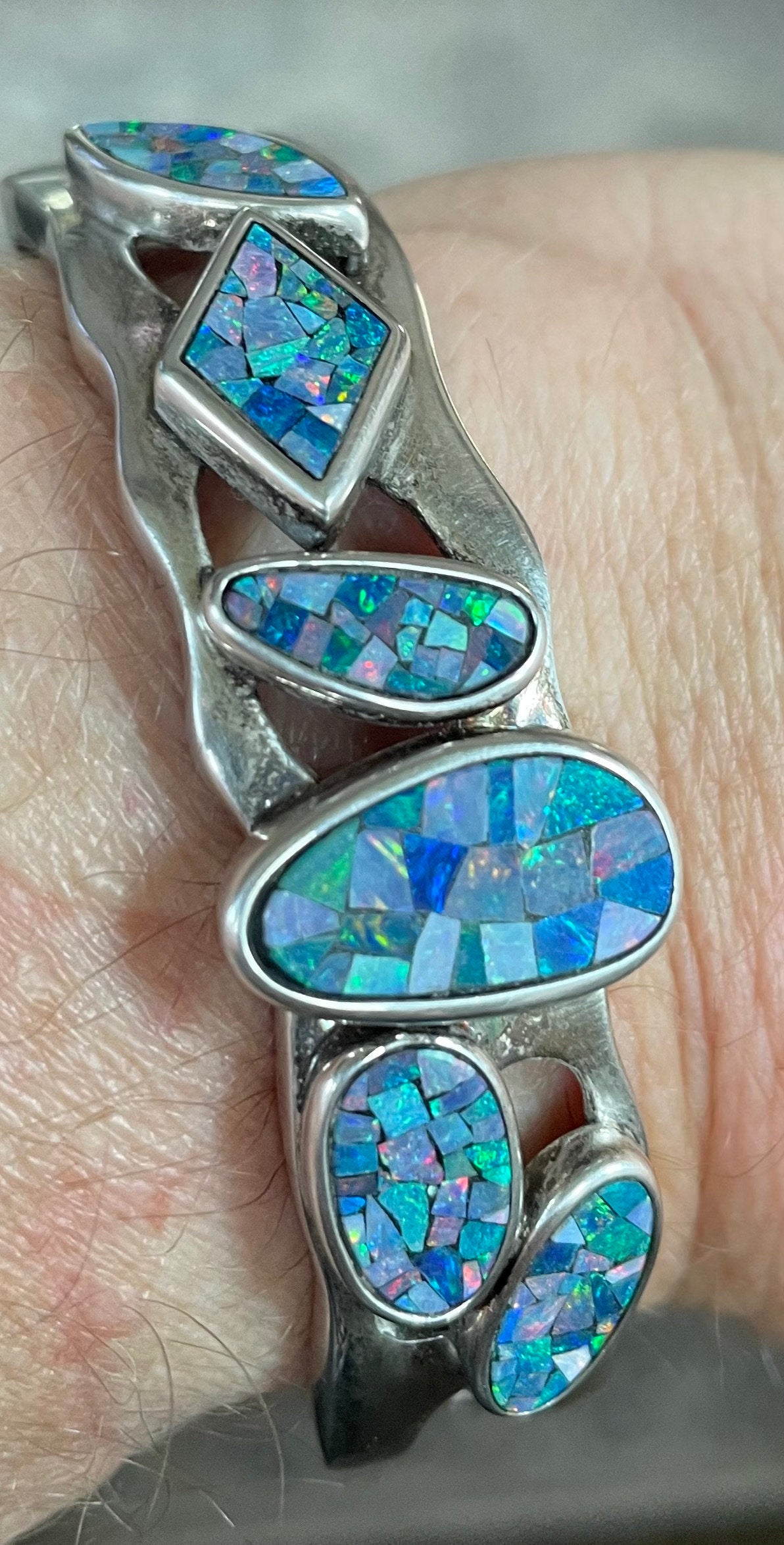 Stunning Vintage Sterling Silver and Blue Opal Cuff Bracelet