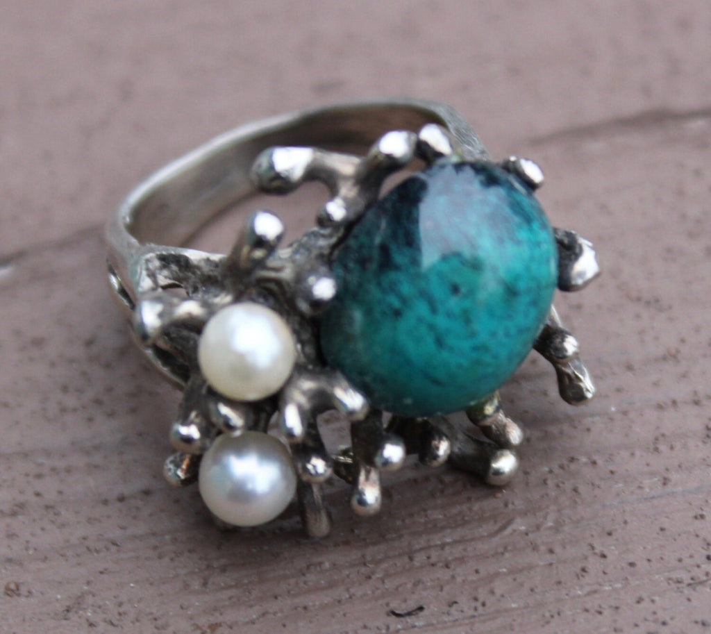 Vintage Custom Made Sterling Silver Turquoise with 2 White Pearls Ring Size 5