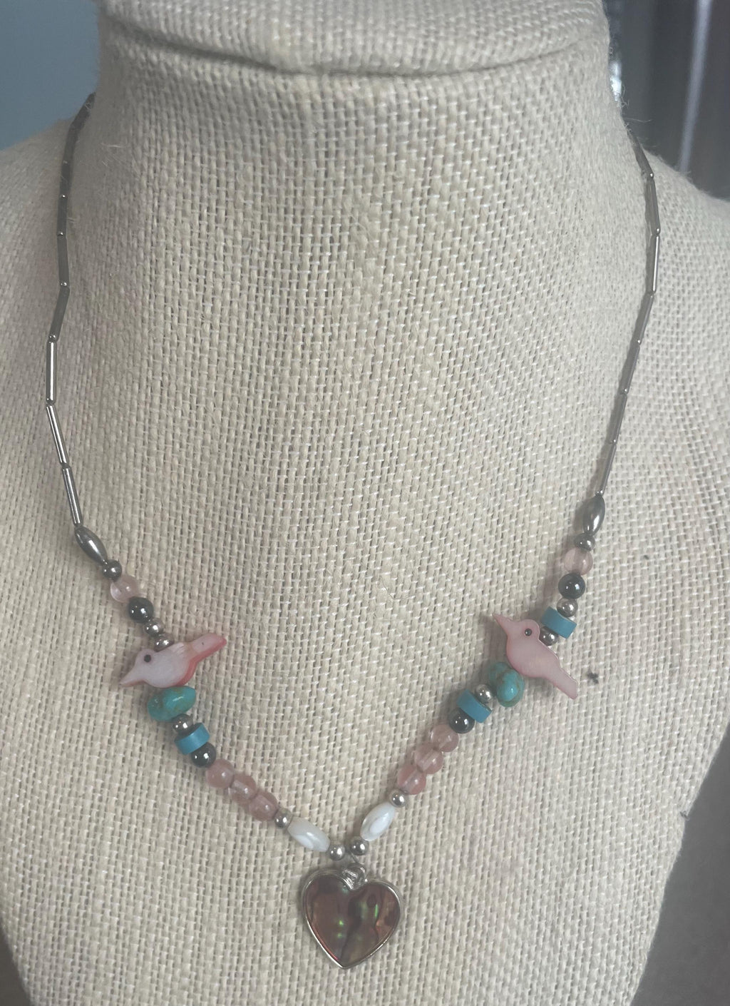 Vintage Sterling Silver Beaded Abalone Carved Birds Fetish Necklace With Heart Pendant