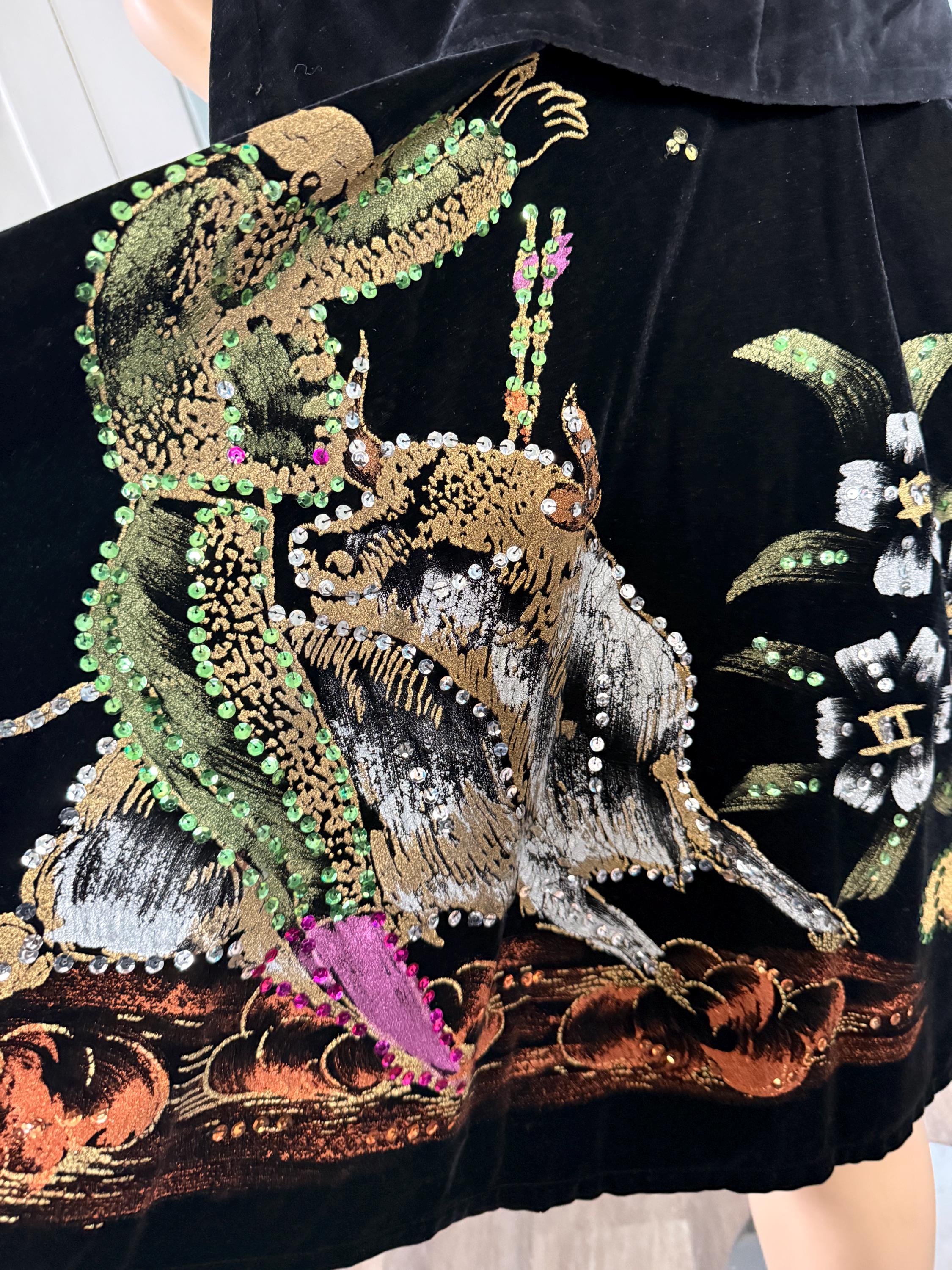 Stunning Bull Fighter 1950's Mexican Black Velvet Sequin Hand Painted Dress Circle Skirt with Top