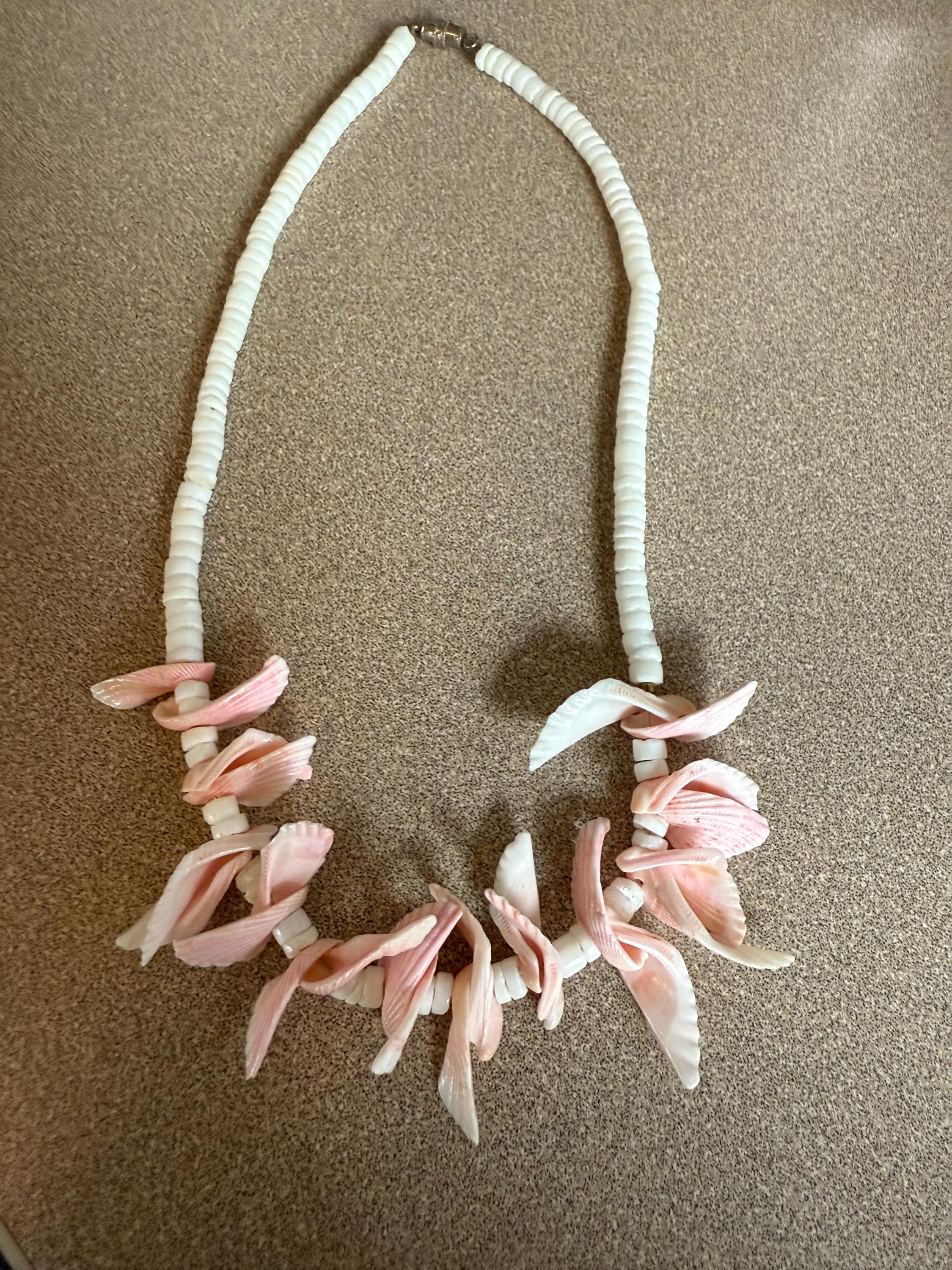 Vintage Pink and White Abalone Pink Shell and Puka Shell Necklace