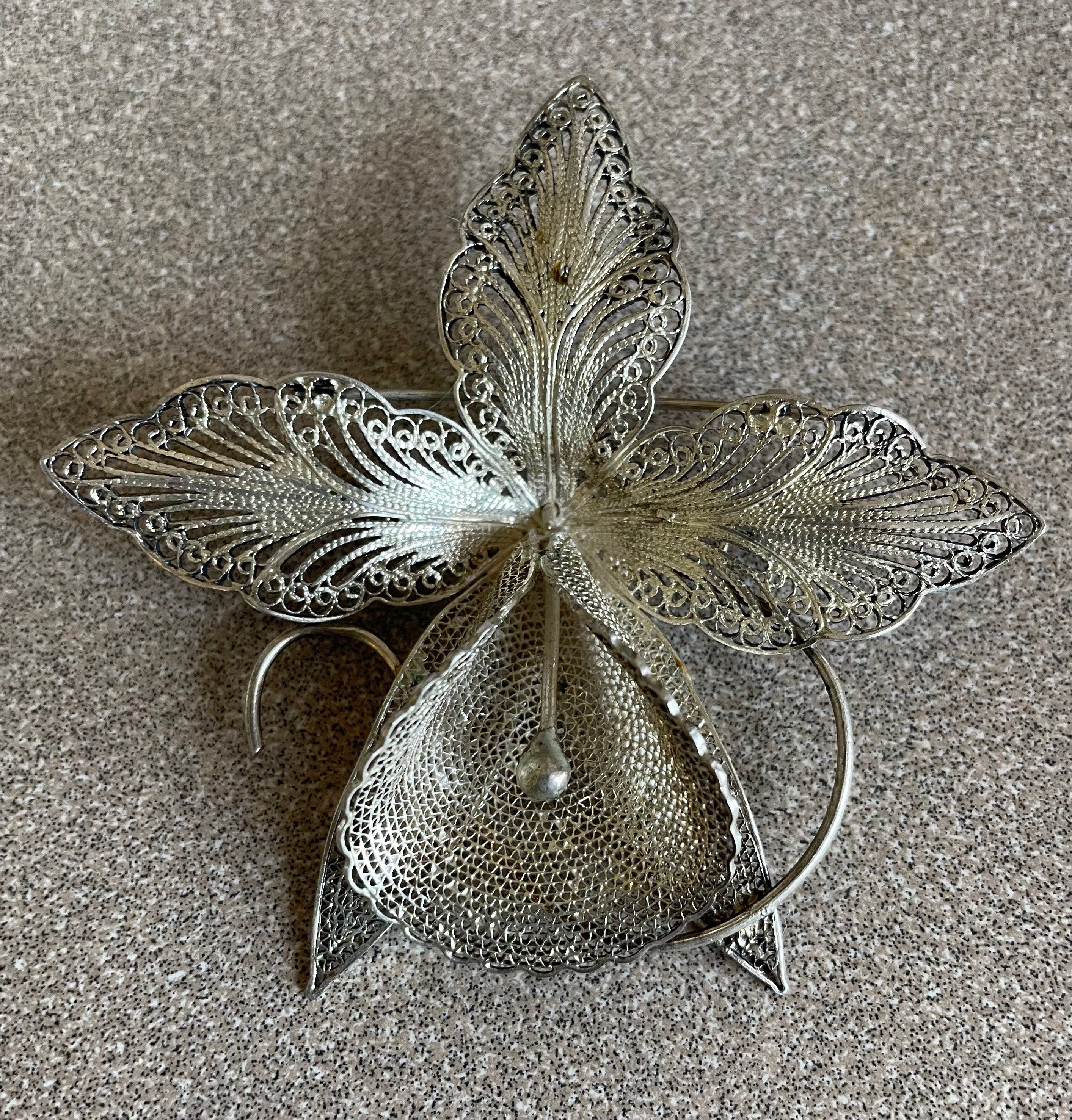 Large Antique Vintage Sterling Silver Filagree Orchid Brooch Pin Marked 925 Stunning Statement Piece