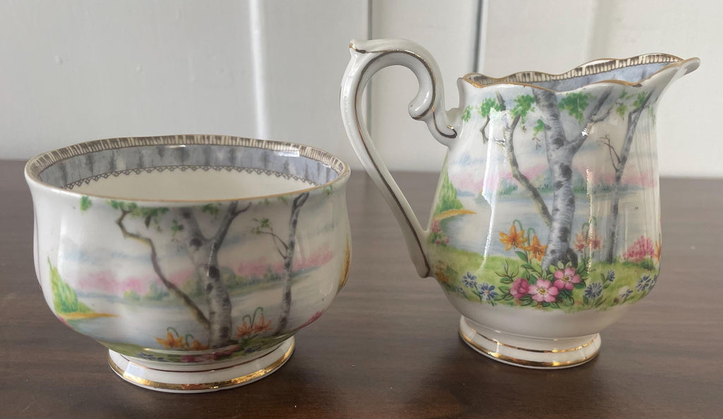 Beautiful Vintage Royal Albert Silver Birch Creamer and Sugar Bowl