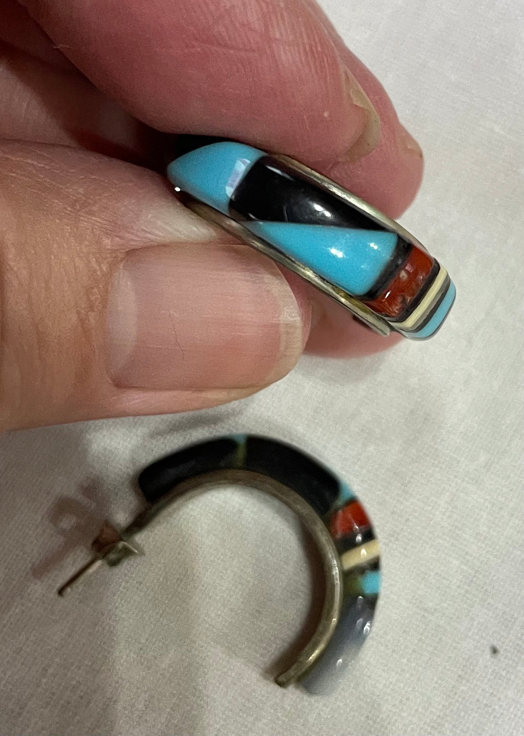 Beautiful  Native American Zuni Sterling Silver Hoop Earrings