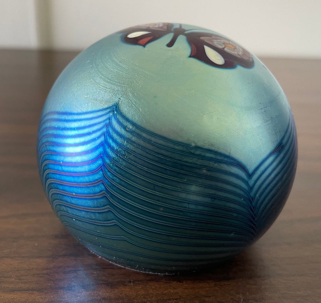 Vintage Orient & Flume Iridescent Floral Art Glass Paperweight Dated 1977 Stunning with Butterfly and Flowers