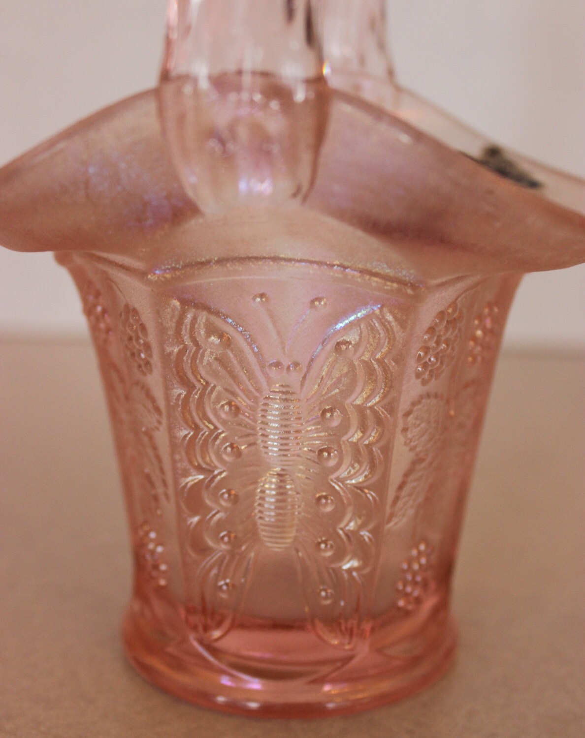 Beautiful Pink Fenton Carnival Glass Berries and Butterflies 7" Basket