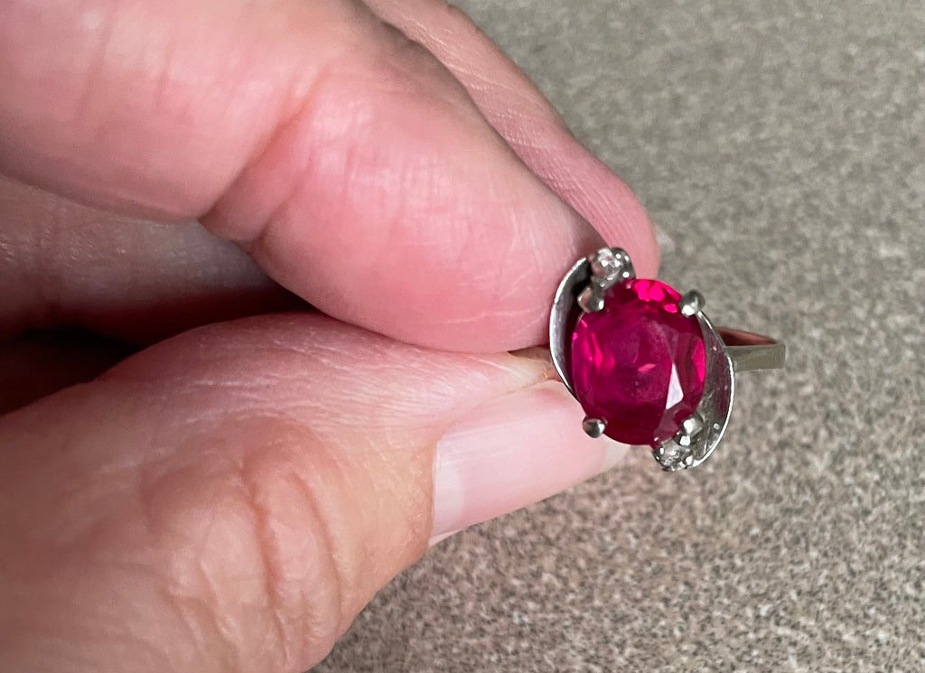 Vintage 10k White Gold Ruby Diamond Ring Size 7 1/2