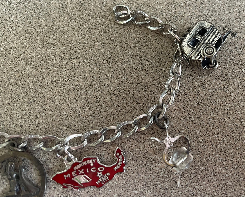 Vintage Sterling Silver Charm Bracelet with 7 Charms Enamel Marked Sterling Vintage Camper Phone Butterfly Turtle Artist Signed