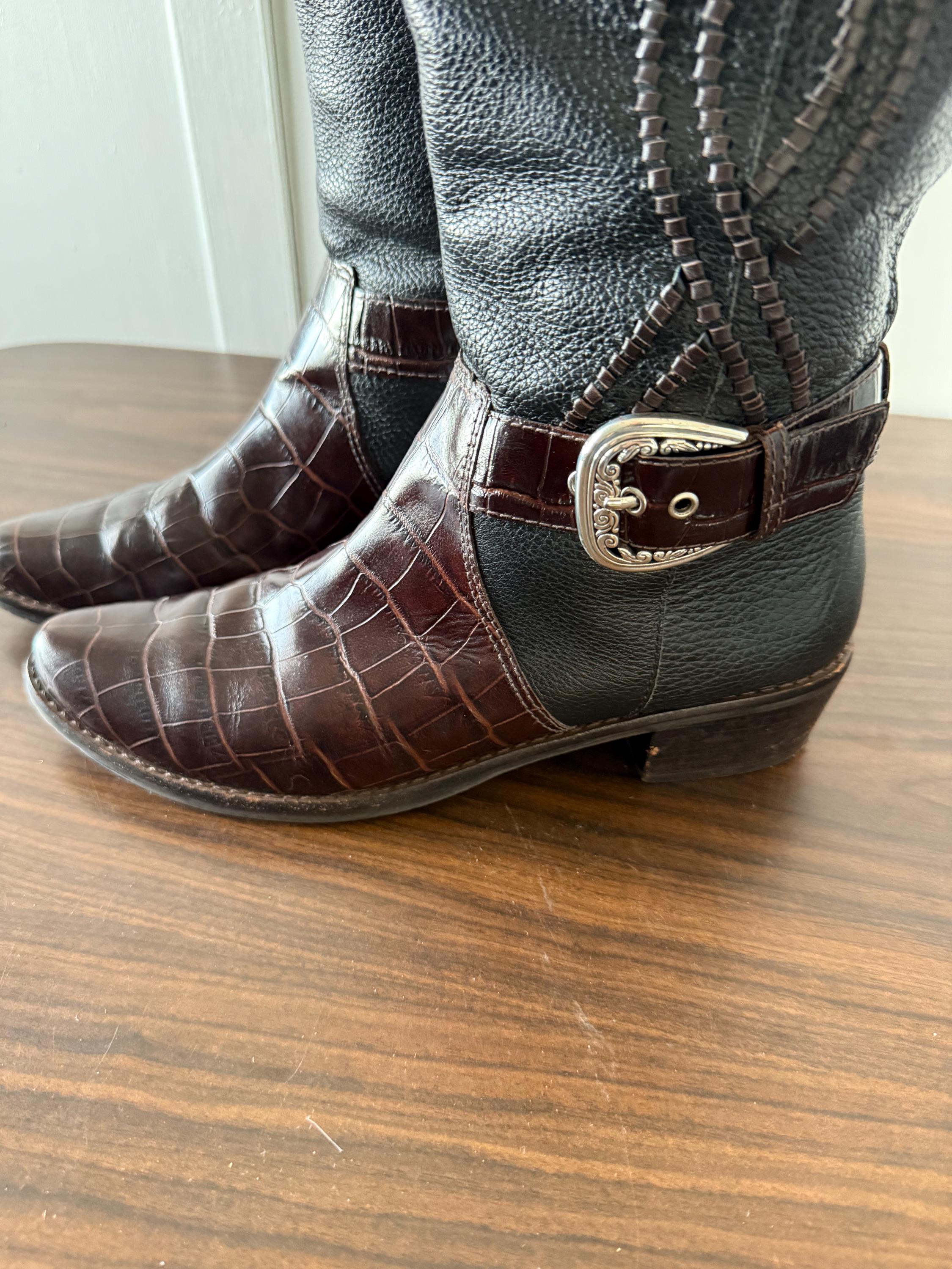 Beautiful Vintage Western Authentic Brighton Black Leather Croc Trim Boots Size 10 M