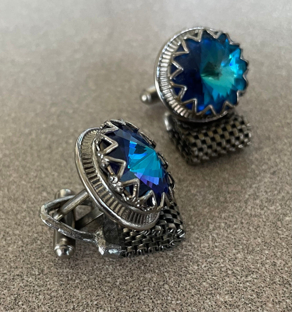 Stunning Vintage Dark Blue Watermellon Rivoli Rhinestone Men's Cuff Links Set Silver Tone Metal 60's Glam