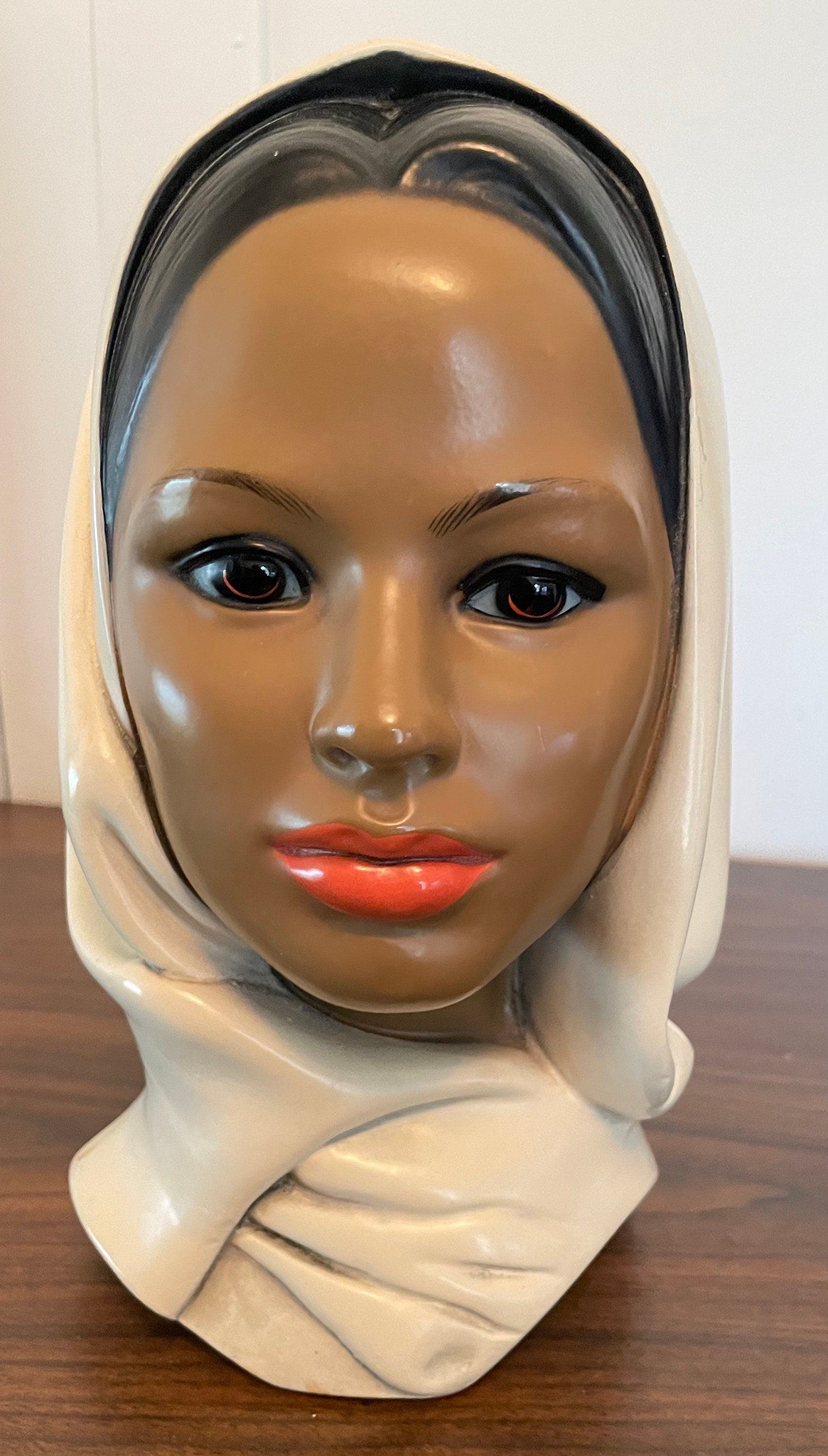 Large Beautiful Marwal Chalkware Polynesian Lady with Head Scarf