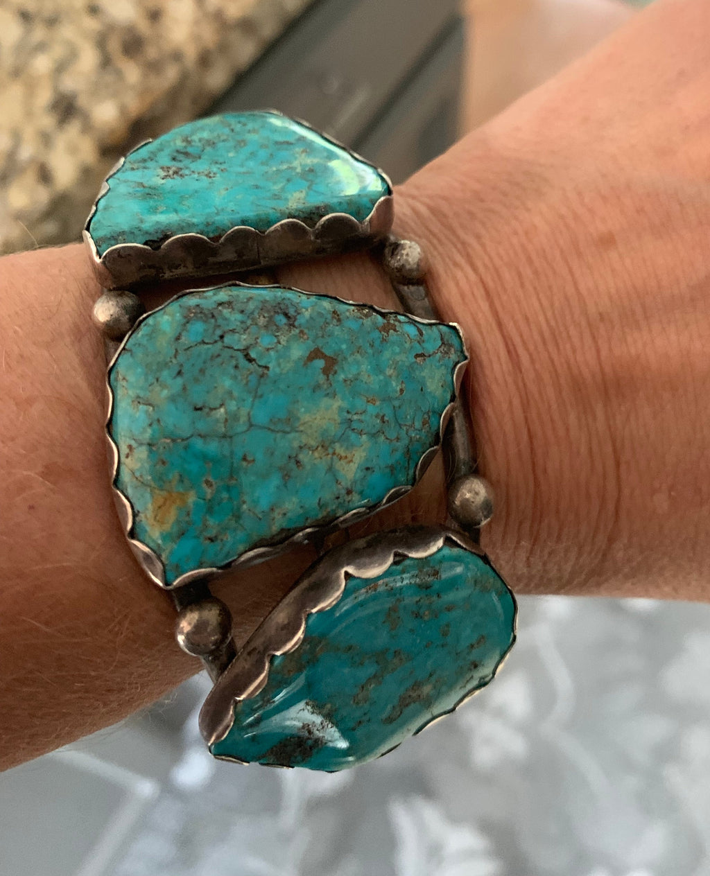 Huge Heavy Sterling Silver Old Pawn Turquoise Navajo Cuff Bracelet Squash Blossom Native American