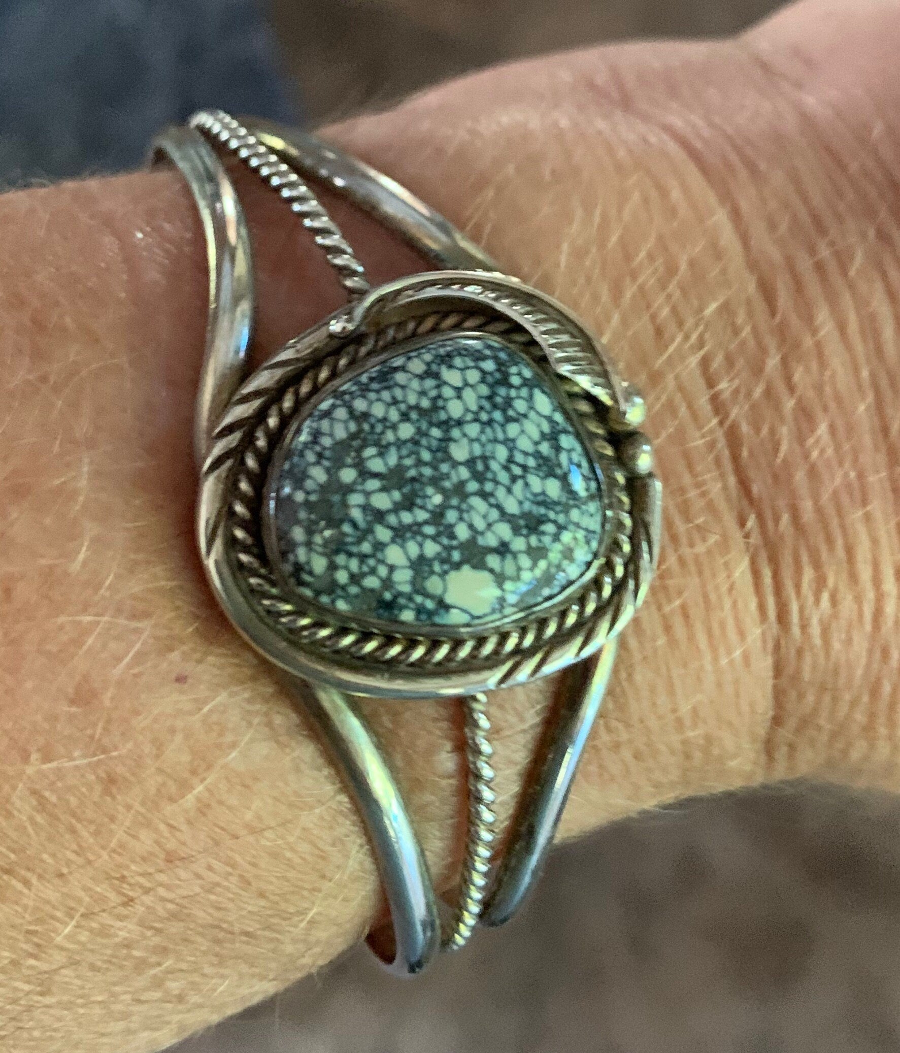 Stunning Vintage Native American Spiderweb Turquoise and Sterling Silver Cuff Bracelet Signed