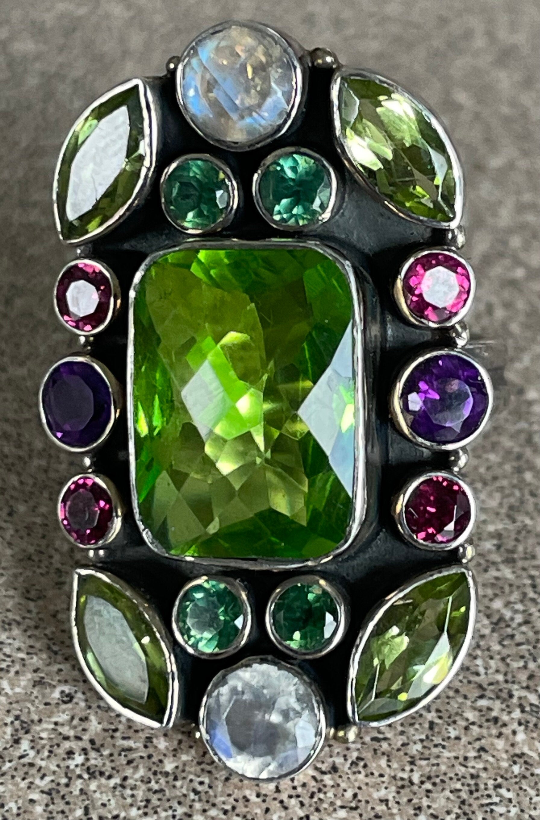 Beautiful Limited Edition Turkish Indian Ladies Multi Stone Ring Peridot Amethyst opaline, Quartz Size 6