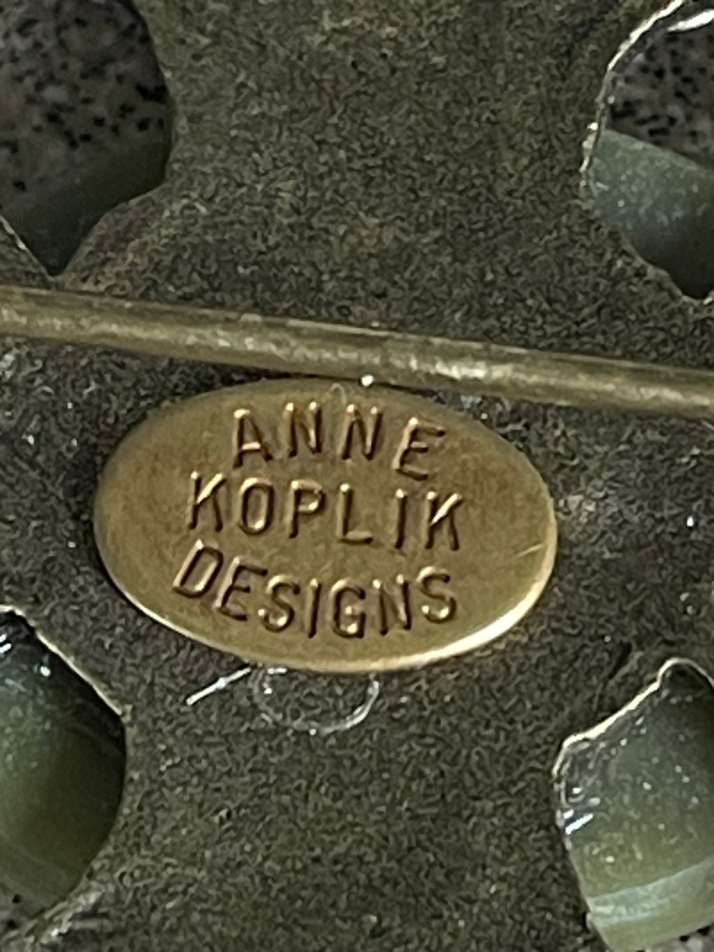 Unique Green Enameled Pegasus Horse Cameo Brooch Pin Artist Signed Anne Koplik Designs with Blue Rhinestones