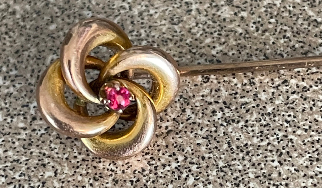 Antique Tested 10k Gold Hat Pin with Small Ruby Red Stone Original Box
