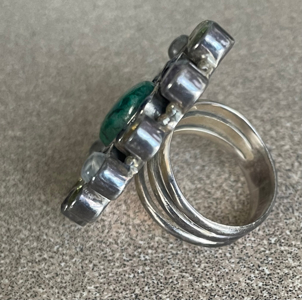 Stunning Artist Signed Nicky Butler Multi Stone Sterling Silver Amethyst Malachite  Citrine Opaline Ring Size 6