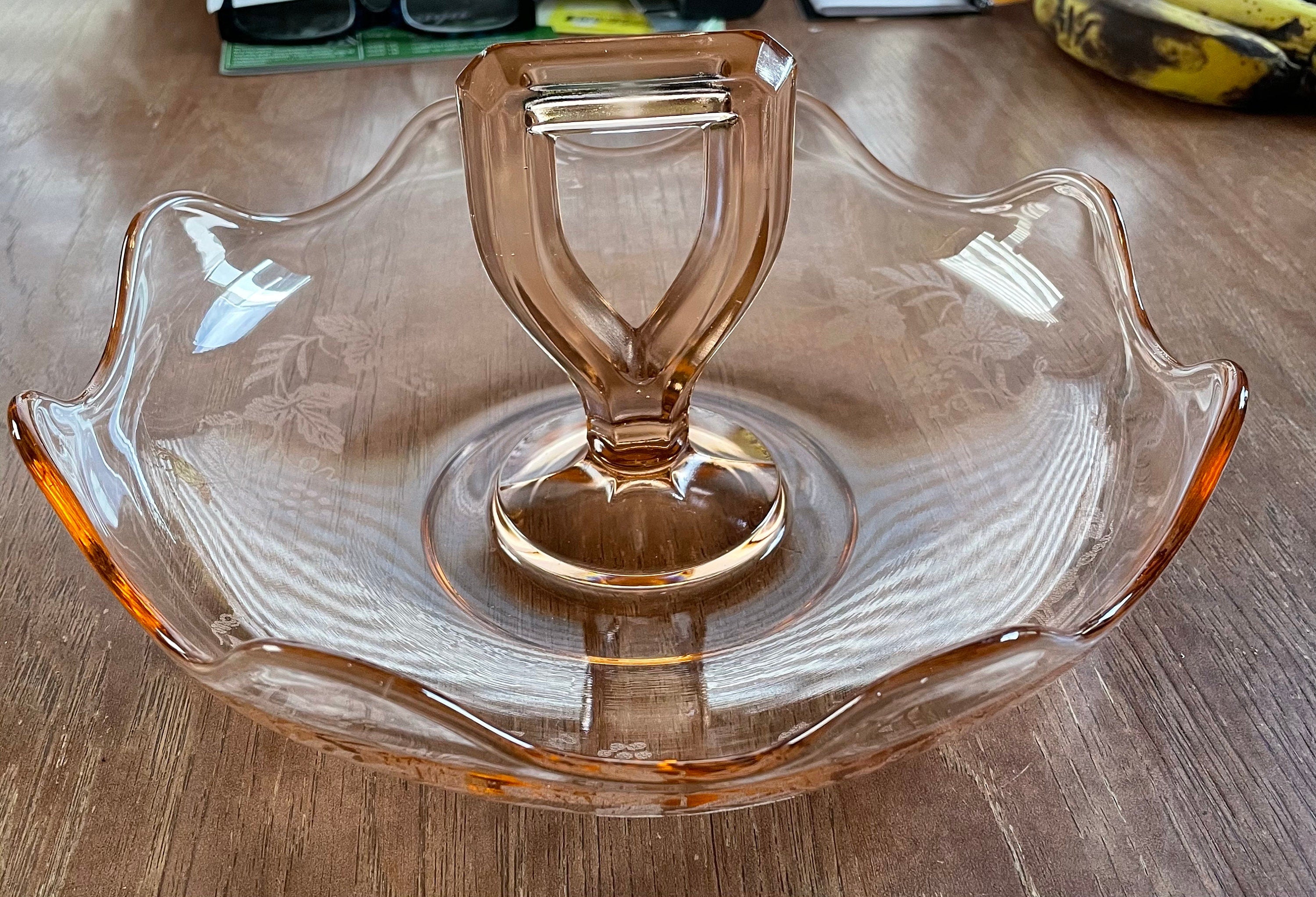 Beautiful Etched Pink Depression Glass Nut Dish with Grape Pattern and Handle