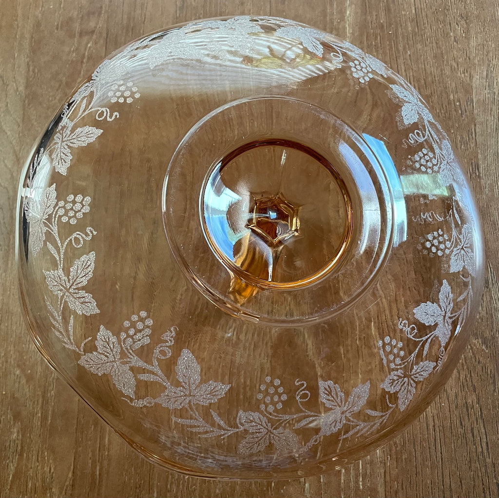 Beautiful Etched Pink Depression Glass Nut Dish with Grape Pattern and Handle