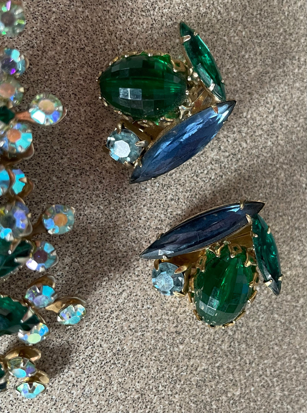 Large Vintage D & E Juliana Blue and Green Rhinestone  Brooch Pin and Clip Earrings