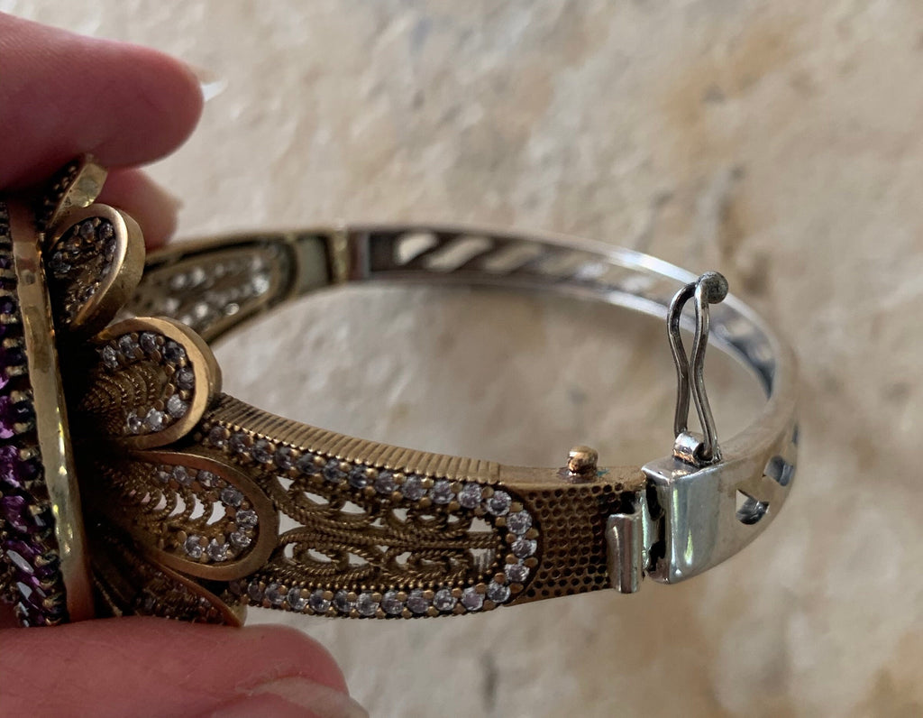 Stunning Large Amethyst Sterling Silver Bronze Turkish Hinged Bracelet