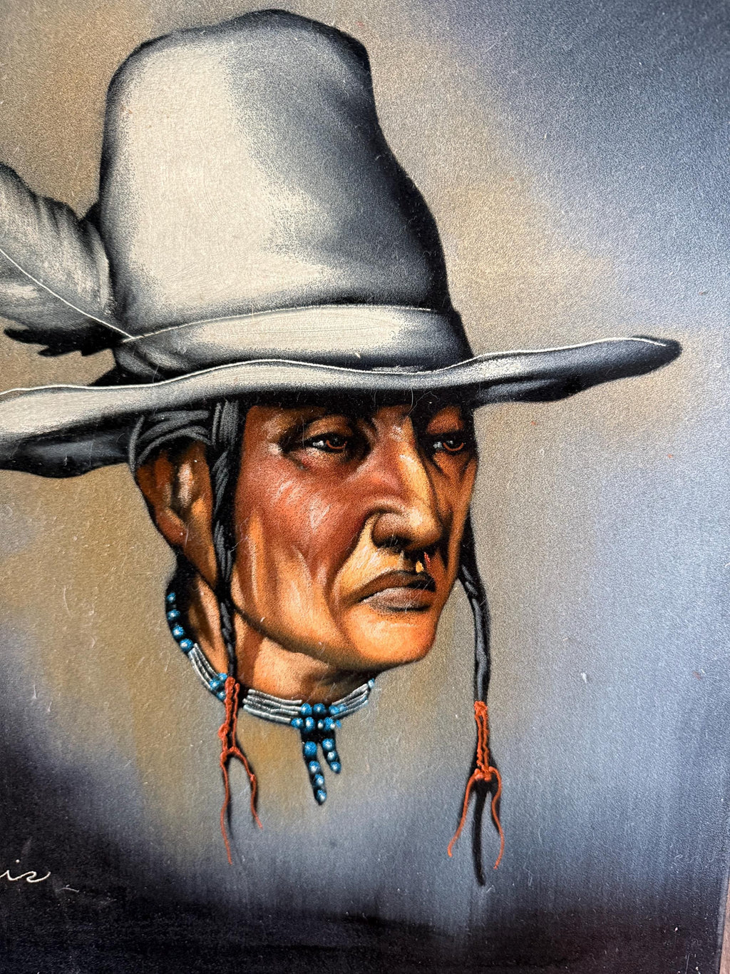 Beautiful Vintage Hand Painted Native American Indian Chief Picture on Black Velvet 24 X 20  Artist Signed Luis