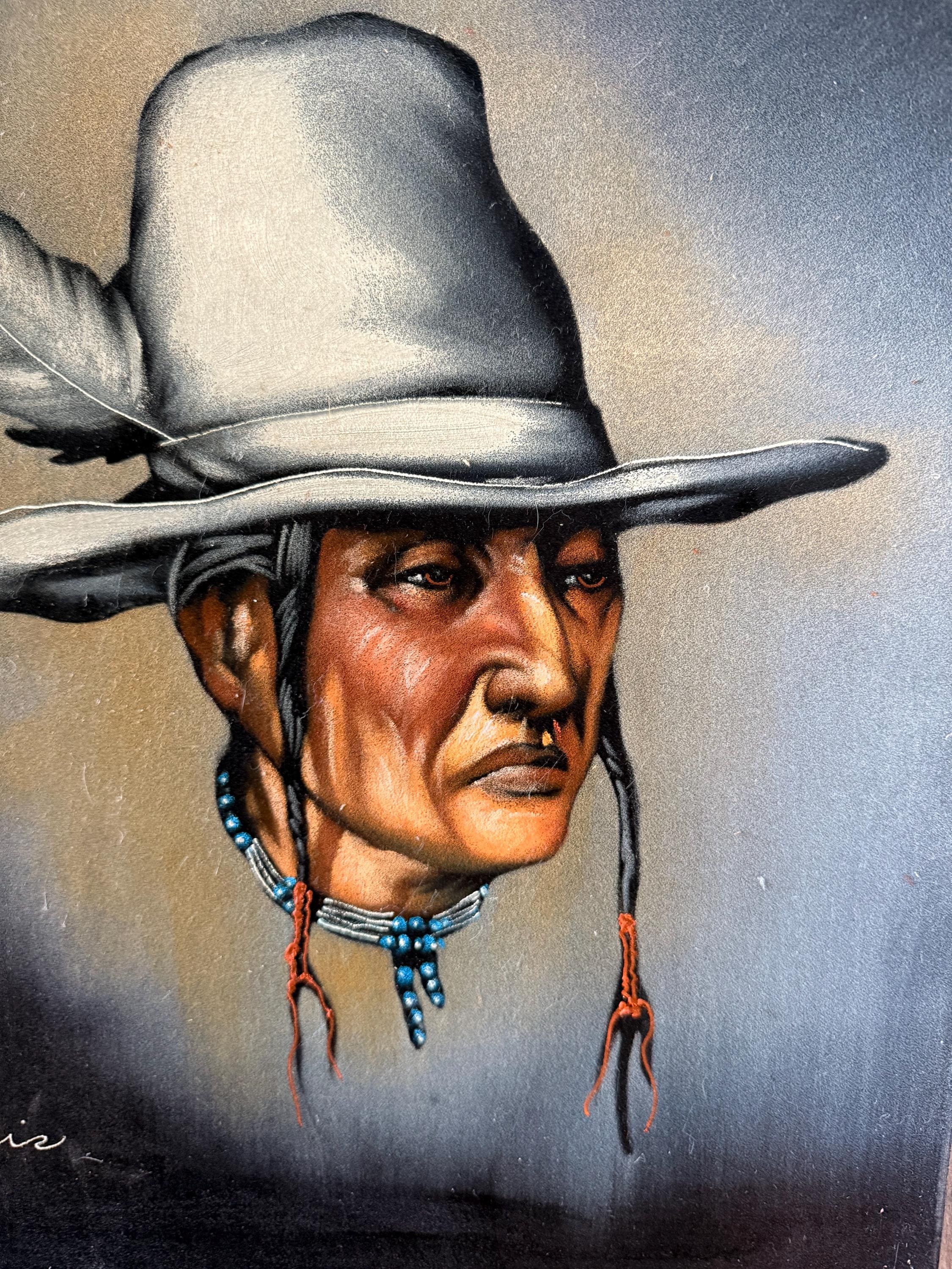 Beautiful Vintage Hand Painted Native American Indian Chief Picture on Black Velvet 24 X 20  Artist Signed Luis