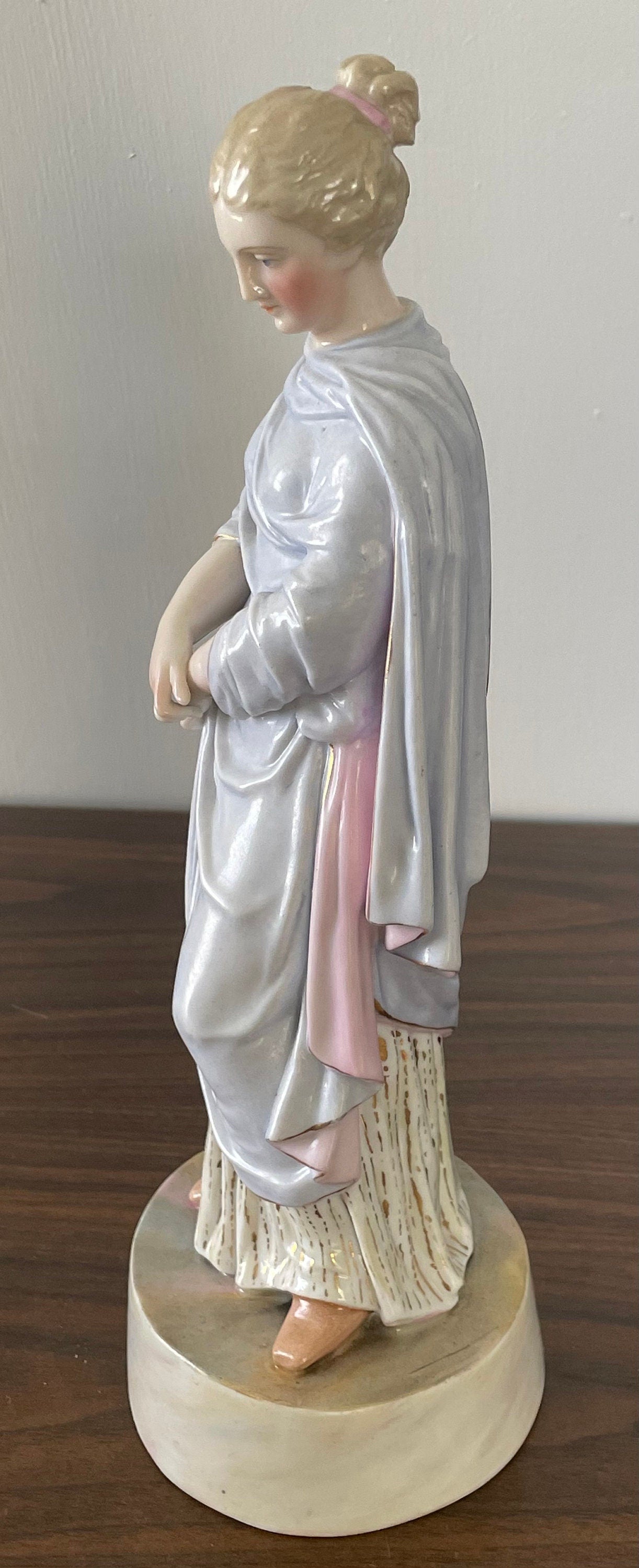 Antique Marked Meissen German Hand Painted Graceful Victorian Lady with Gold Dress Cross Swords