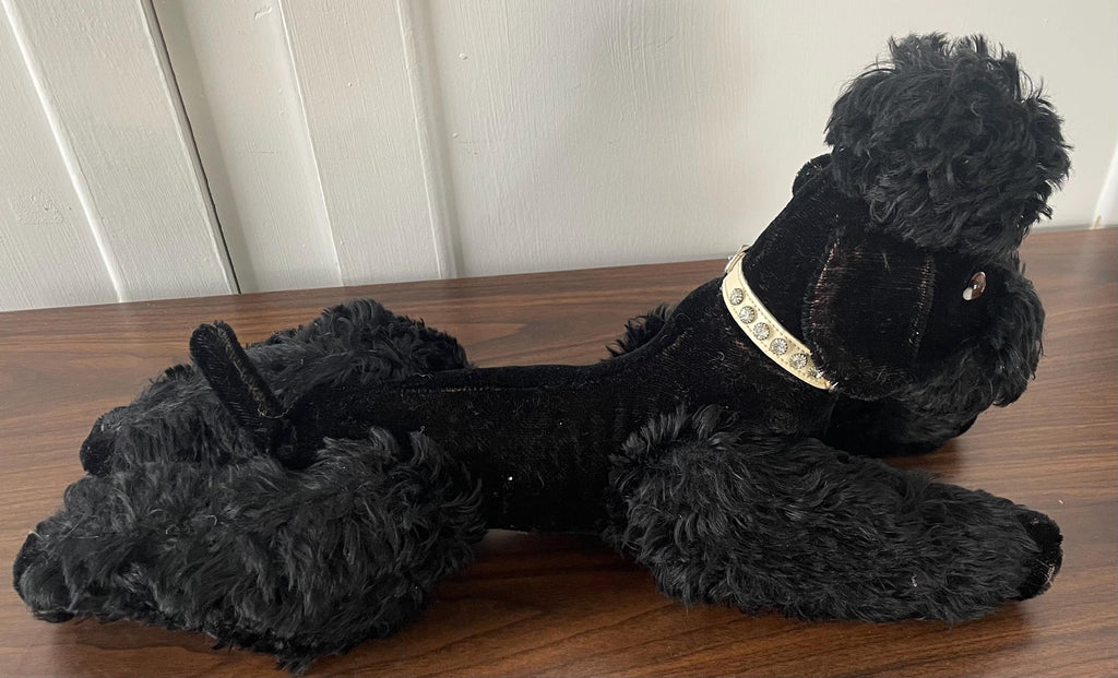 Fully Jointed Large 1940's Steiff Like Black Mohair Poodle Dog with Glass Eyes  13" Long with Rhinestone Studded Collar