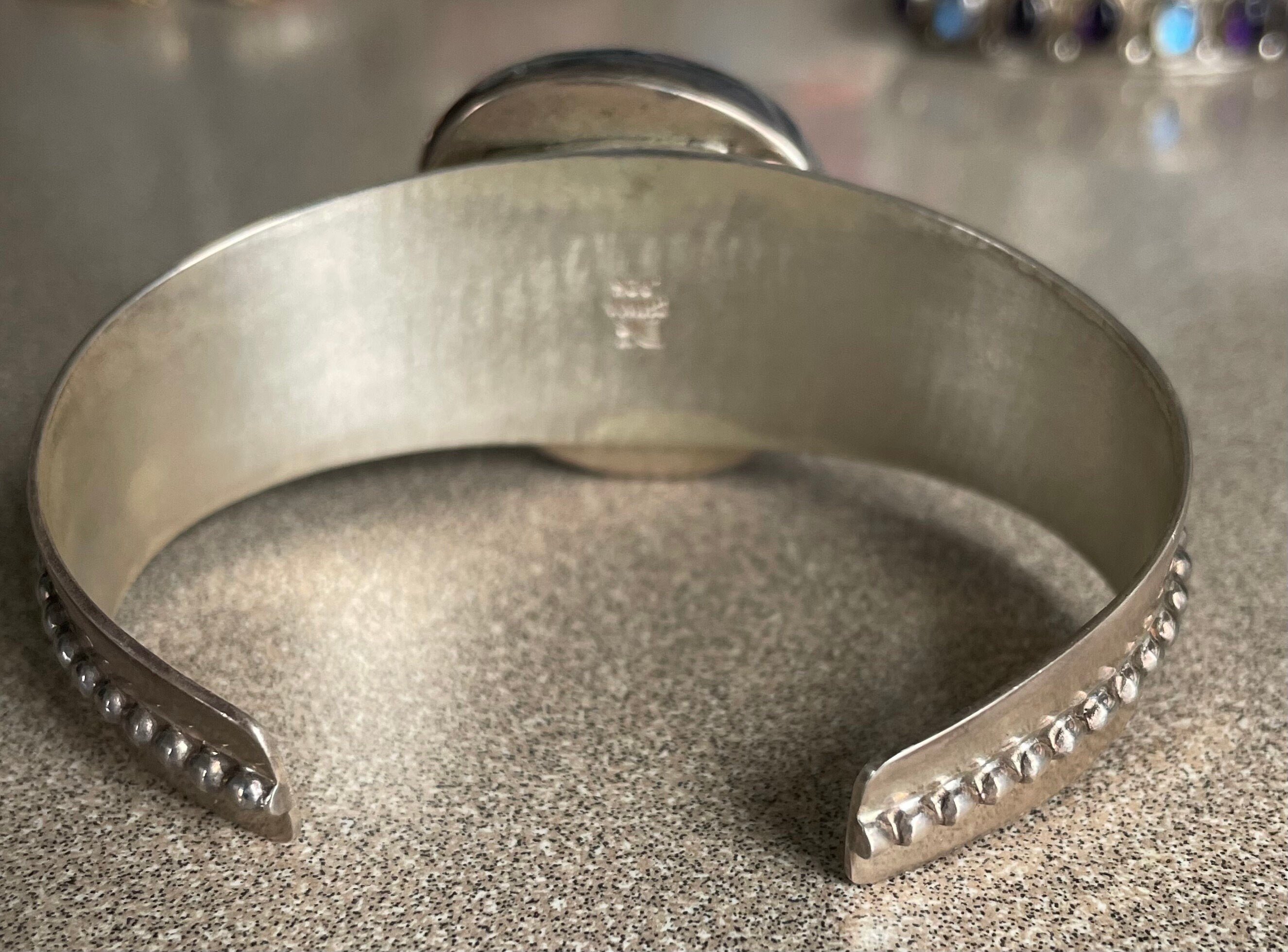 Unique Large Black and Silver Foil Dichoric Glass Jay King Desert Rose Cuff Bracelet Stamped DTR