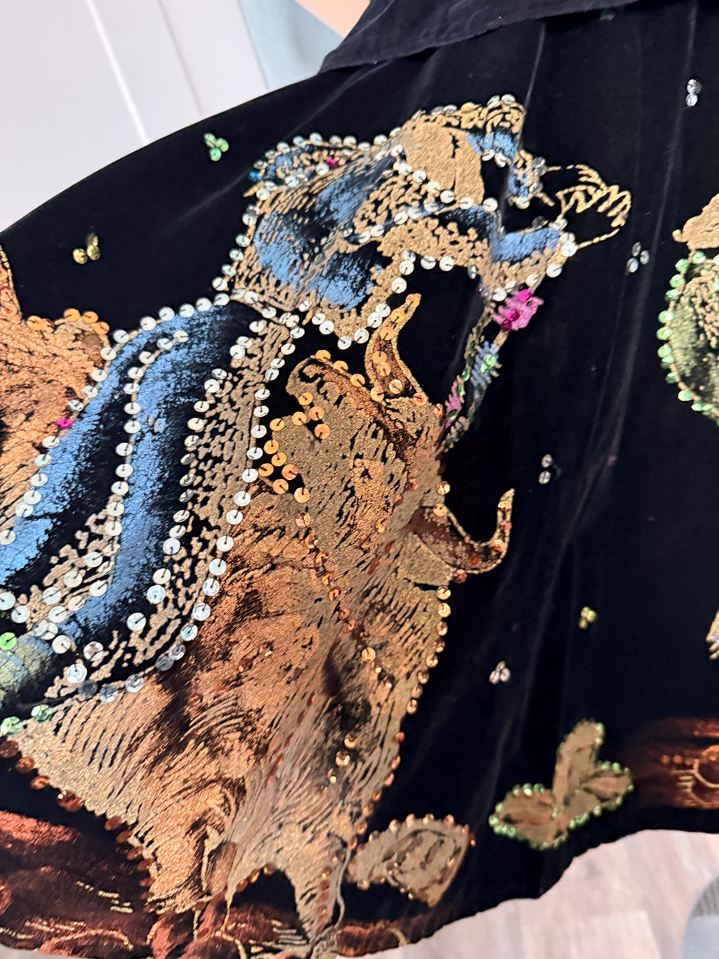 Stunning Bull Fighter 1950's Mexican Black Velvet Sequin Hand Painted Dress Circle Skirt with Top