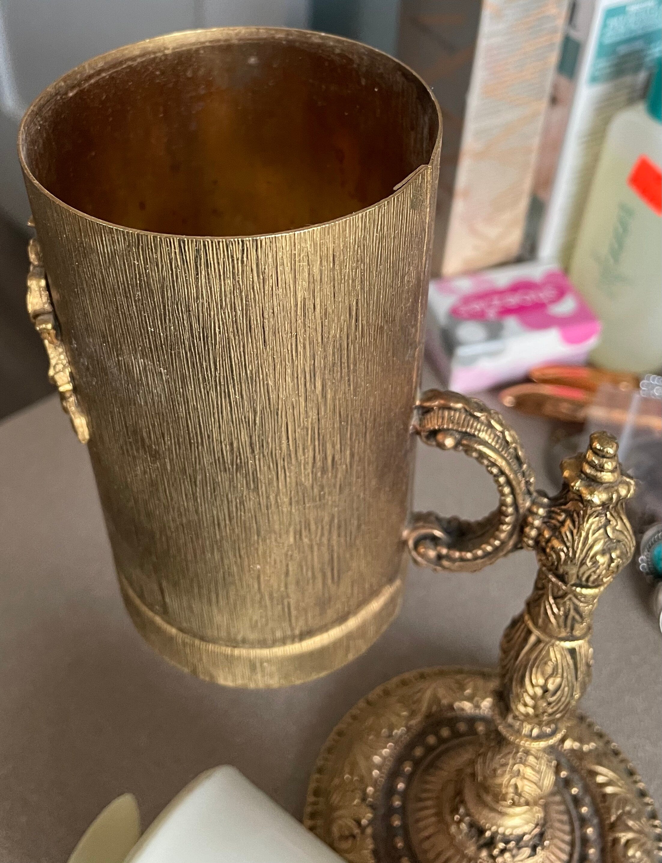 Vintage Gold Guilt Ormolu Dixie Cup Dispenser Bathroom Cup Holder Ornate Floral Design Hollywood Regency