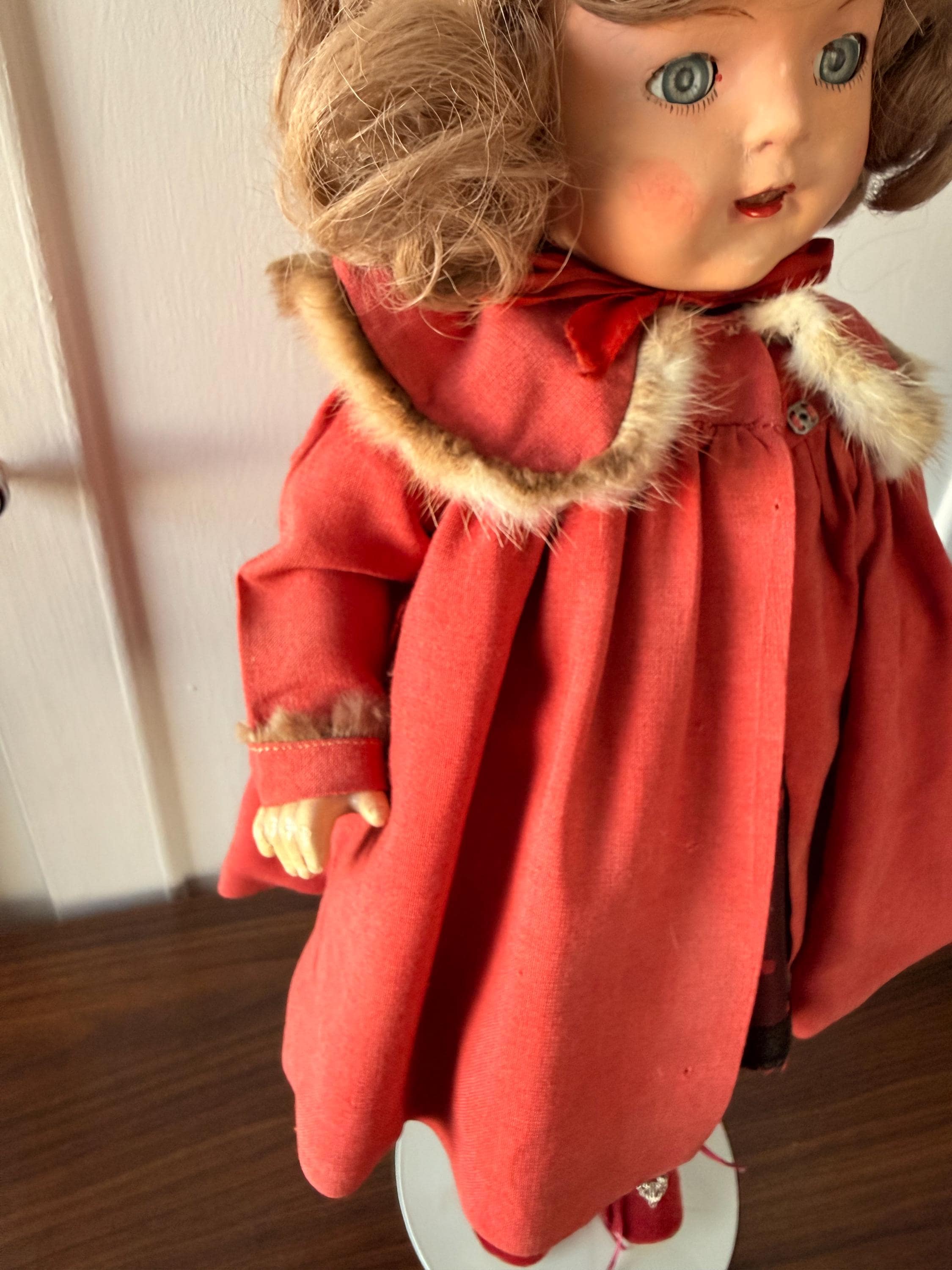 Rare Large 1930's Madame Alexander Princess Elizabeth Composition Doll with Original Red Fur Trimmed Coat
