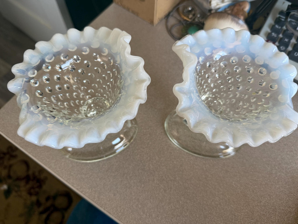 Vintage Pair of Fenton Opalescent Hobnail Moonstone Ruffle Top Horn Vases