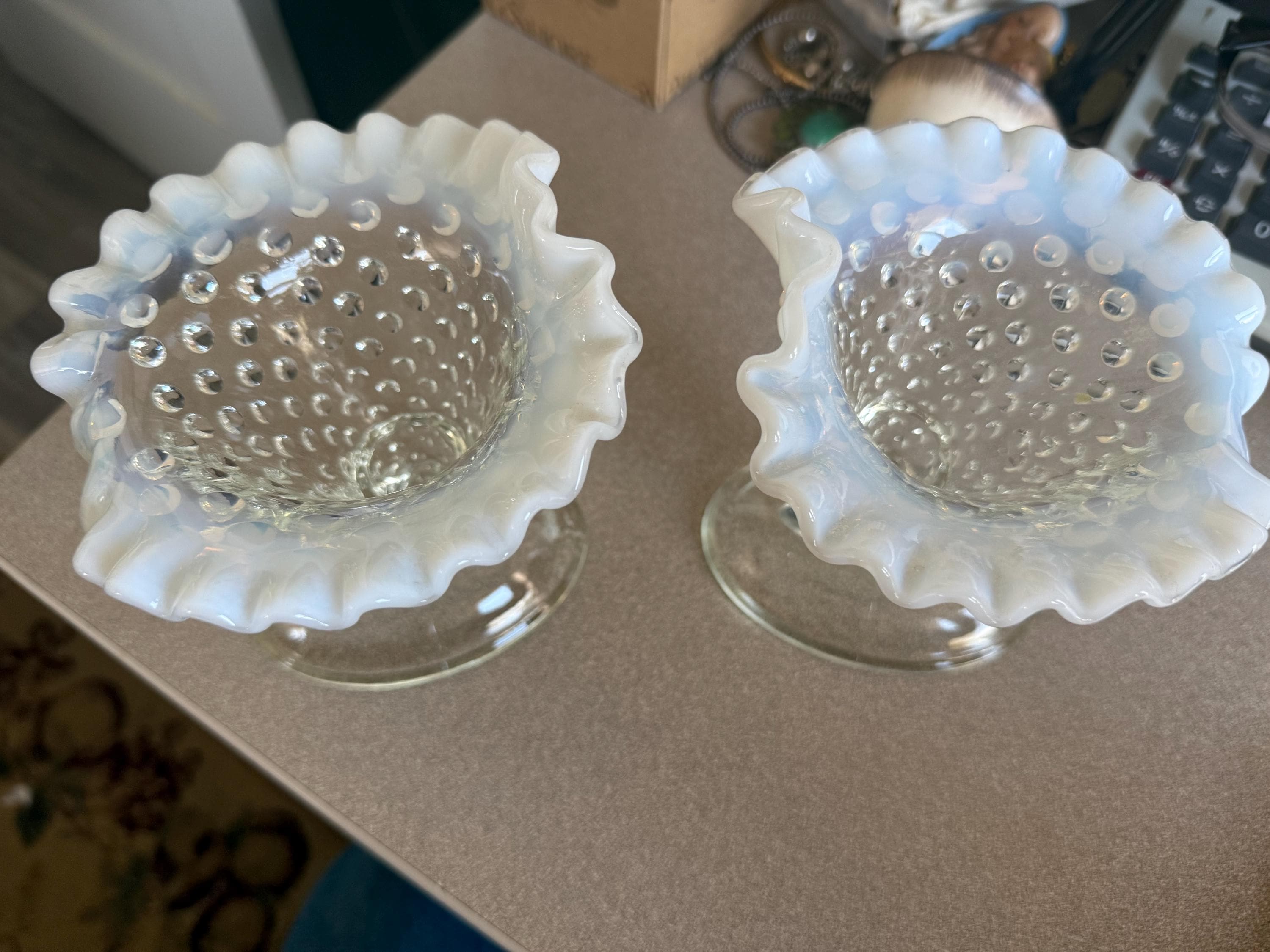 Vintage Pair of Fenton Opalescent Hobnail Moonstone Ruffle Top Horn Vases