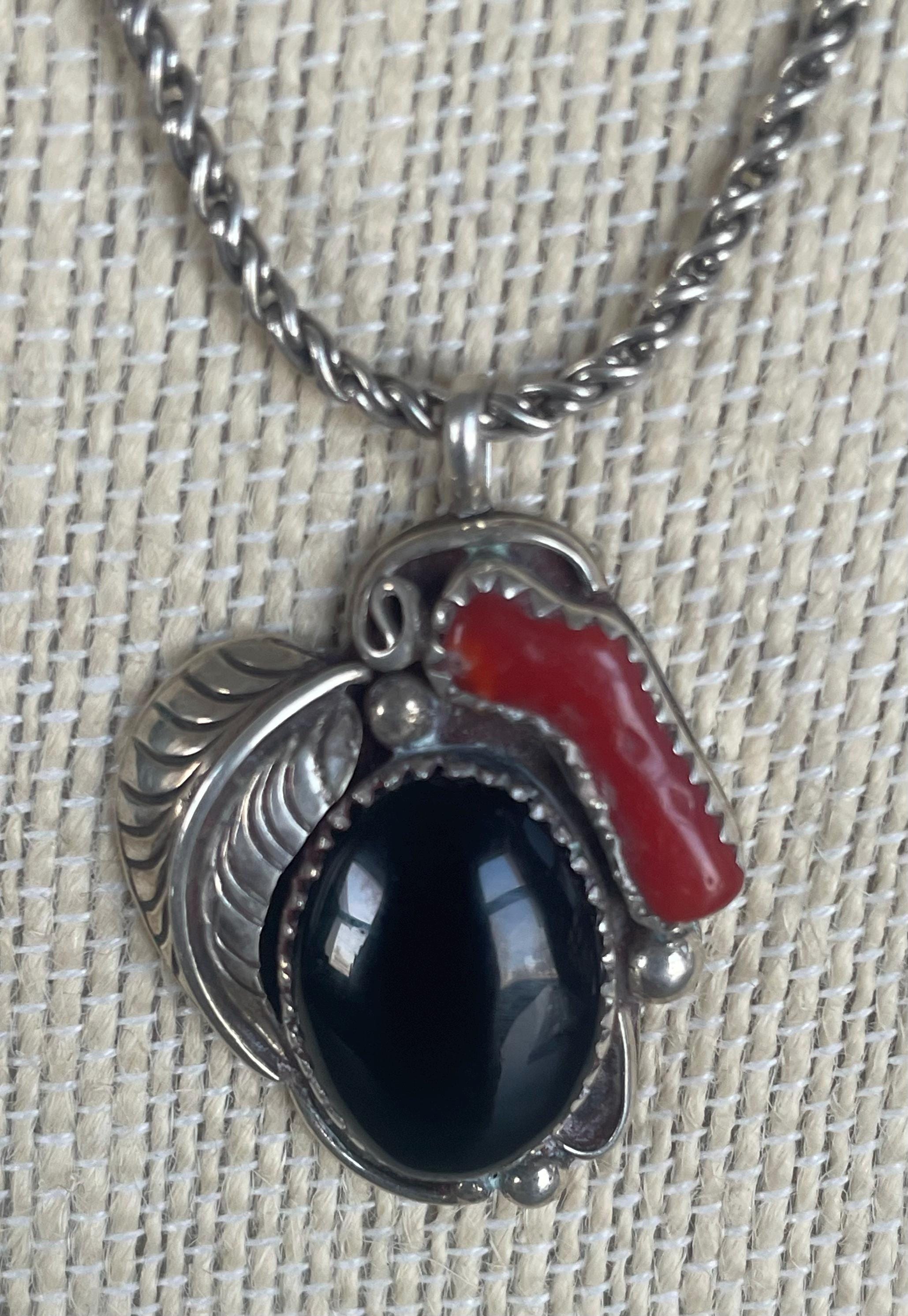Beautiful Vintage Native American Black Onyx and Coral Sterling Silver Necklace Pendant