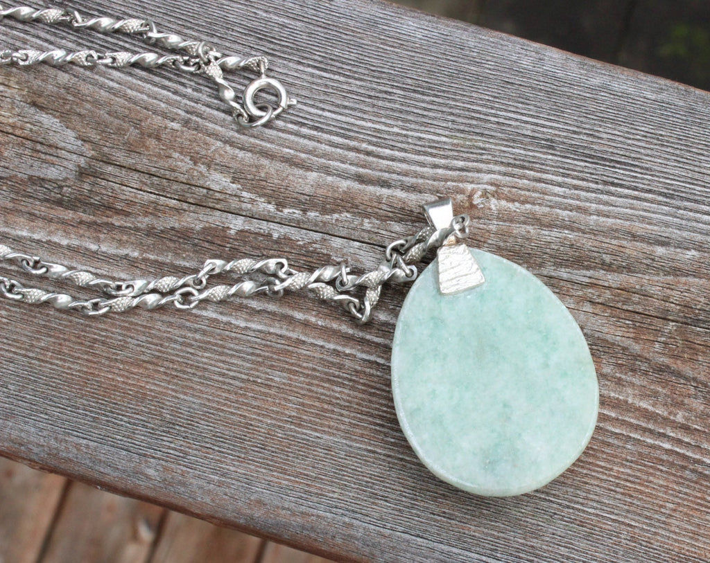 Vintage Large Light Green Jade Cabochon Pendant Necklace with Sterling Silver