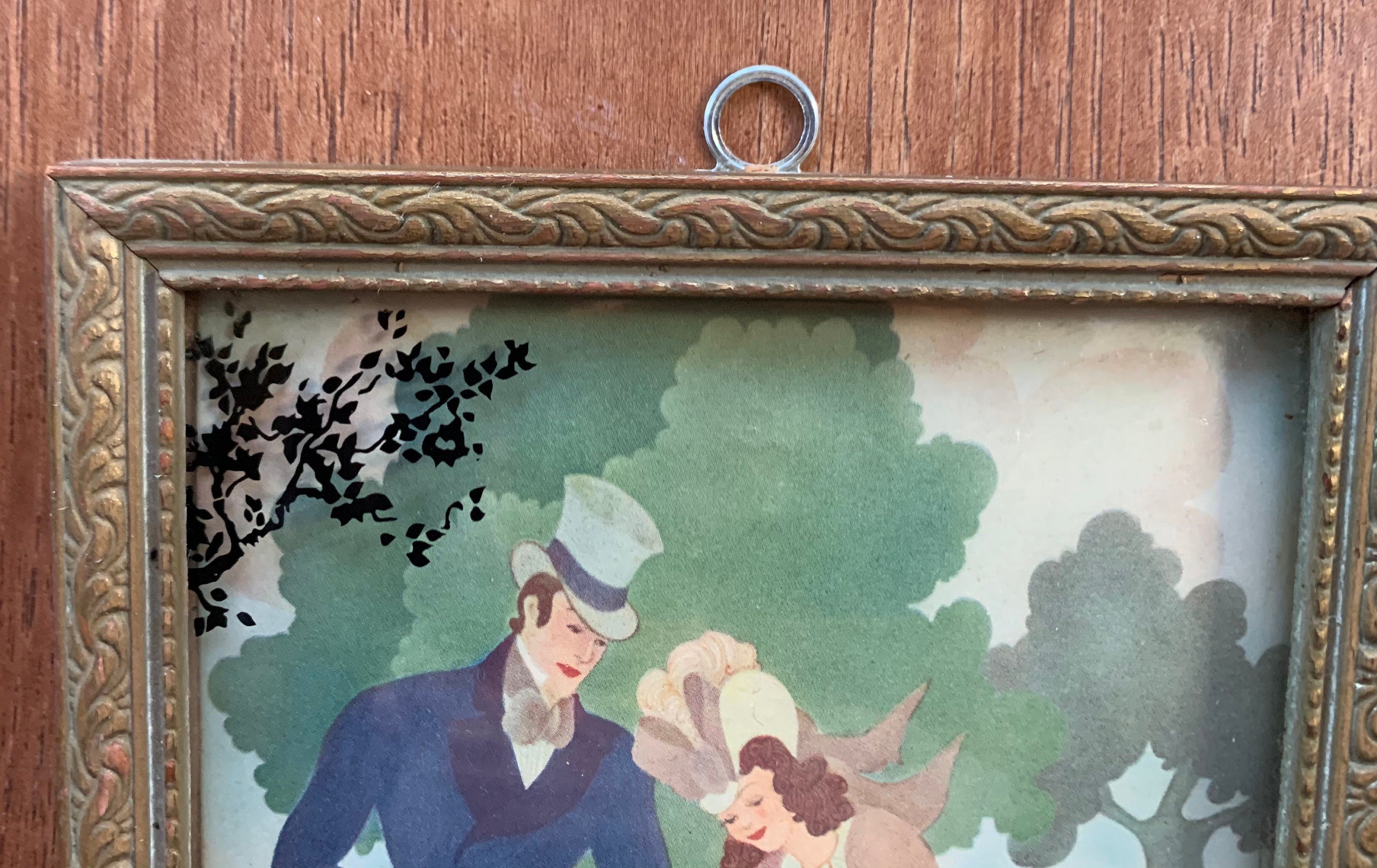 2 Beautiful Vintage Victorian Lovers Silhouette Pictures with Gold Guilt Frames and Convex Glass