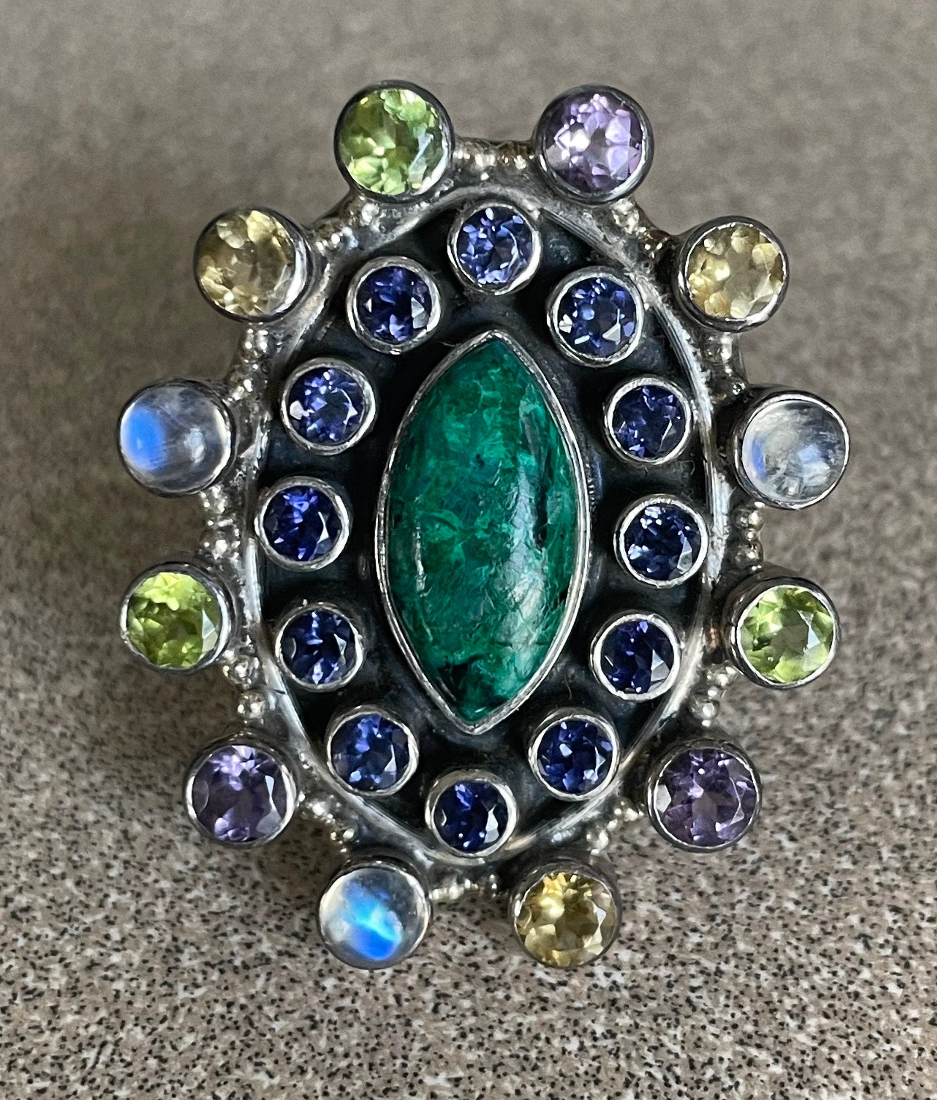 Stunning Artist Signed Nicky Butler Multi Stone Sterling Silver Amethyst Malachite  Citrine Opaline Ring Size 6