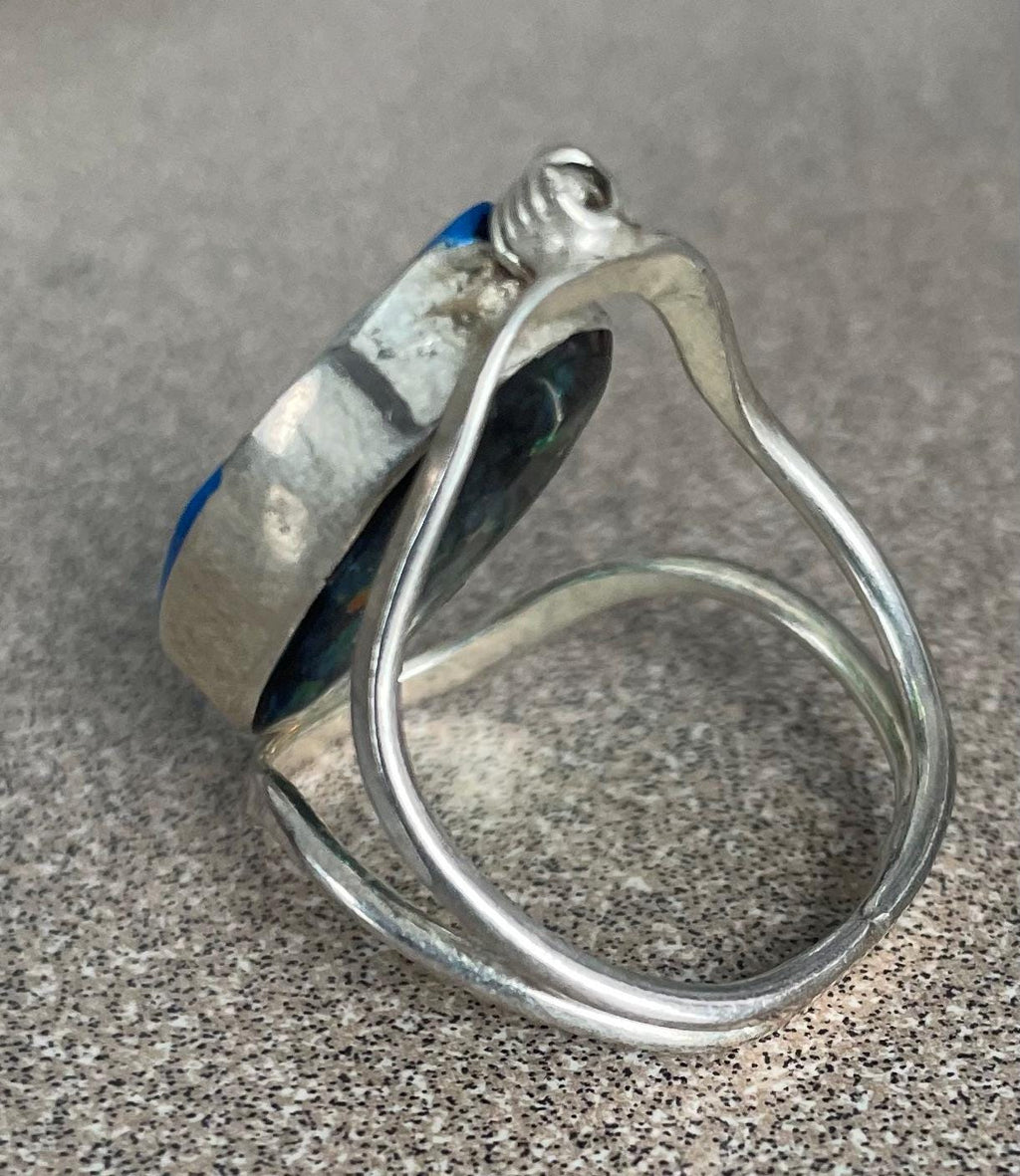 Vintage Unique Sterling Silver Foil Opal and Turquoise Spinner Double Sided Ring Size 9 1/2