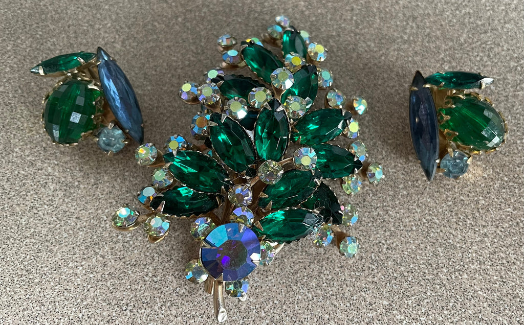 Large Vintage D & E Juliana Blue and Green Rhinestone  Brooch Pin and Clip Earrings